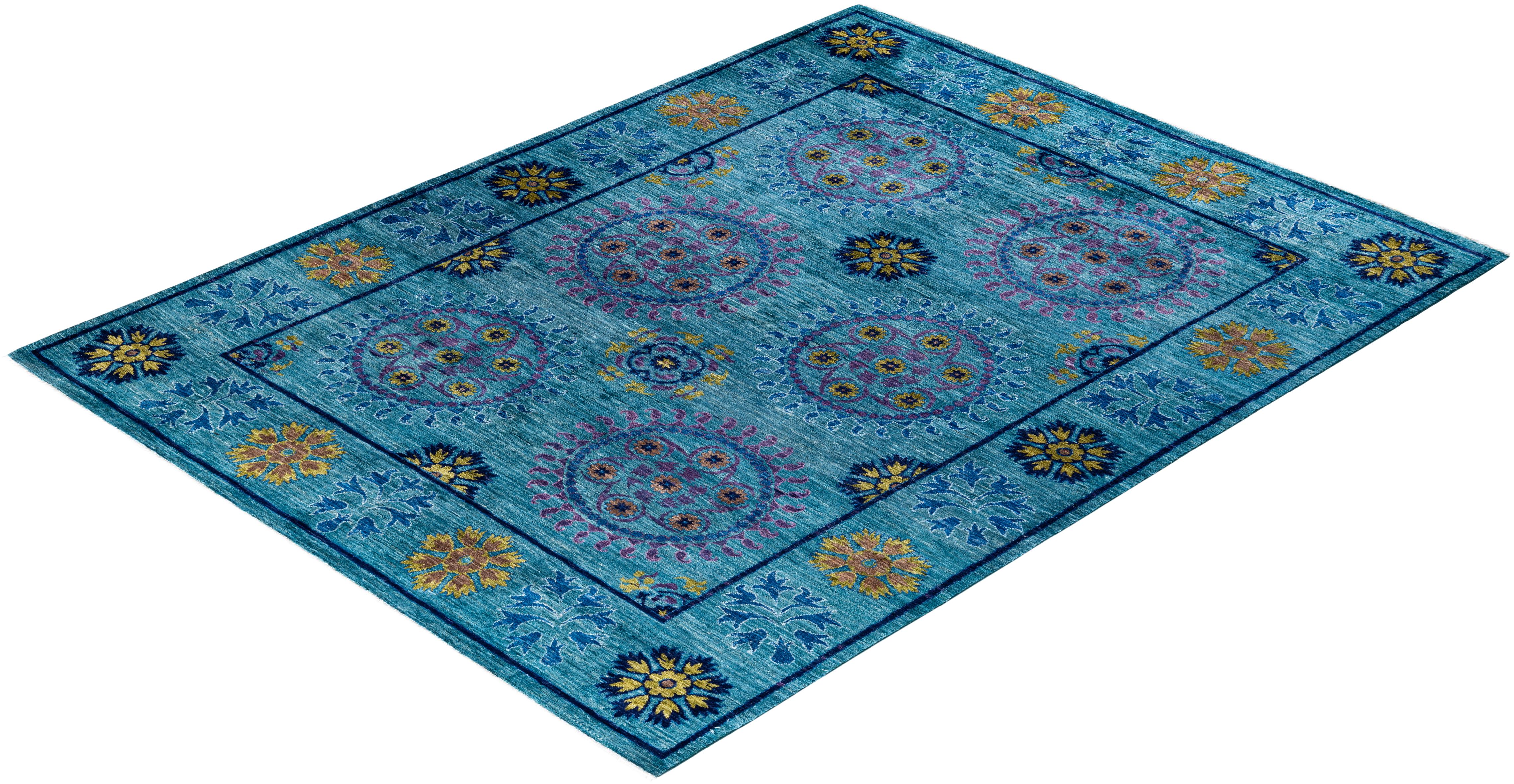 Contemporary Suzani Hand Knotted Wool Blue Area Rug  im Angebot 2