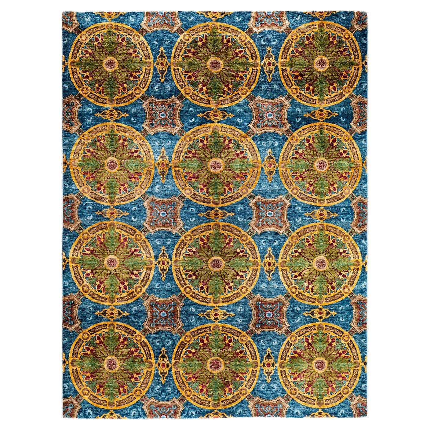 Contemporary Suzani Hand Knotted Wool Blue Area Rug  For Sale