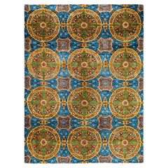 Contemporary Suzani Hand Knotted Wool Blue Area Rug 