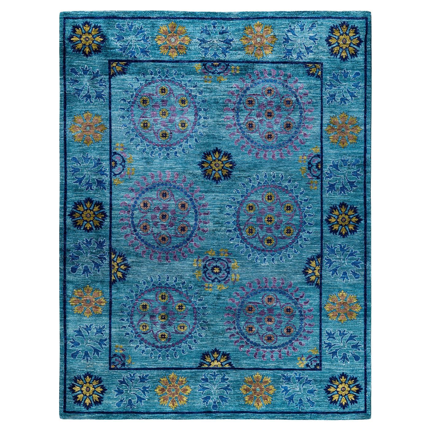 Contemporary Suzani Hand Knotted Wool Blue Area Rug  For Sale