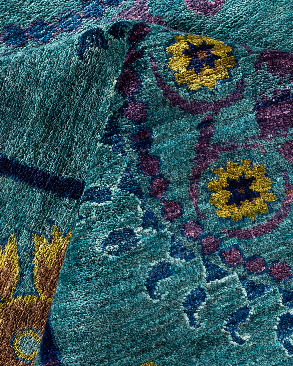 Contemporary Suzani Hand Knotted Wool Green Area Rug For Sale 3