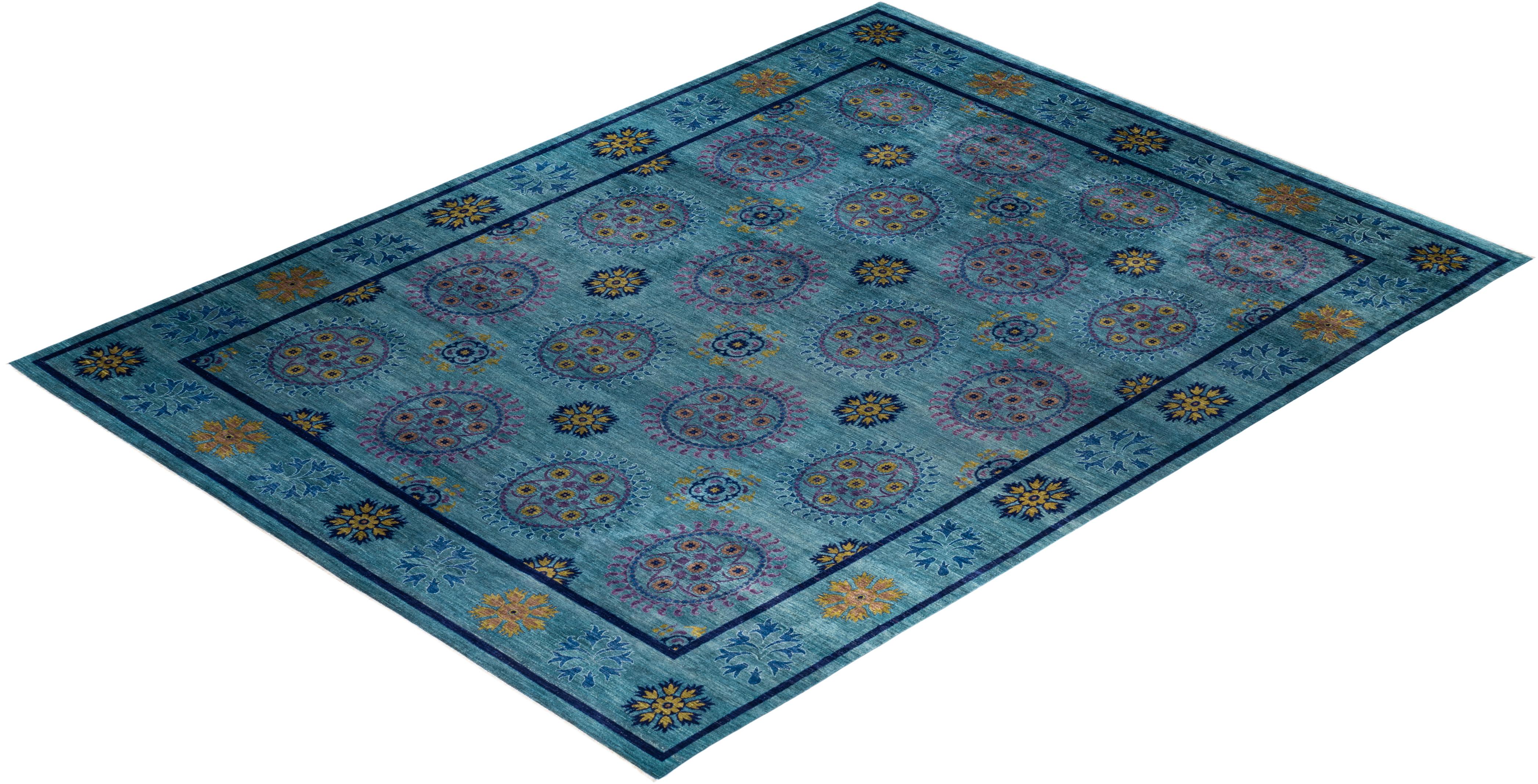 Contemporary Suzani Hand Knotted Wool Green Area Rug im Angebot 2