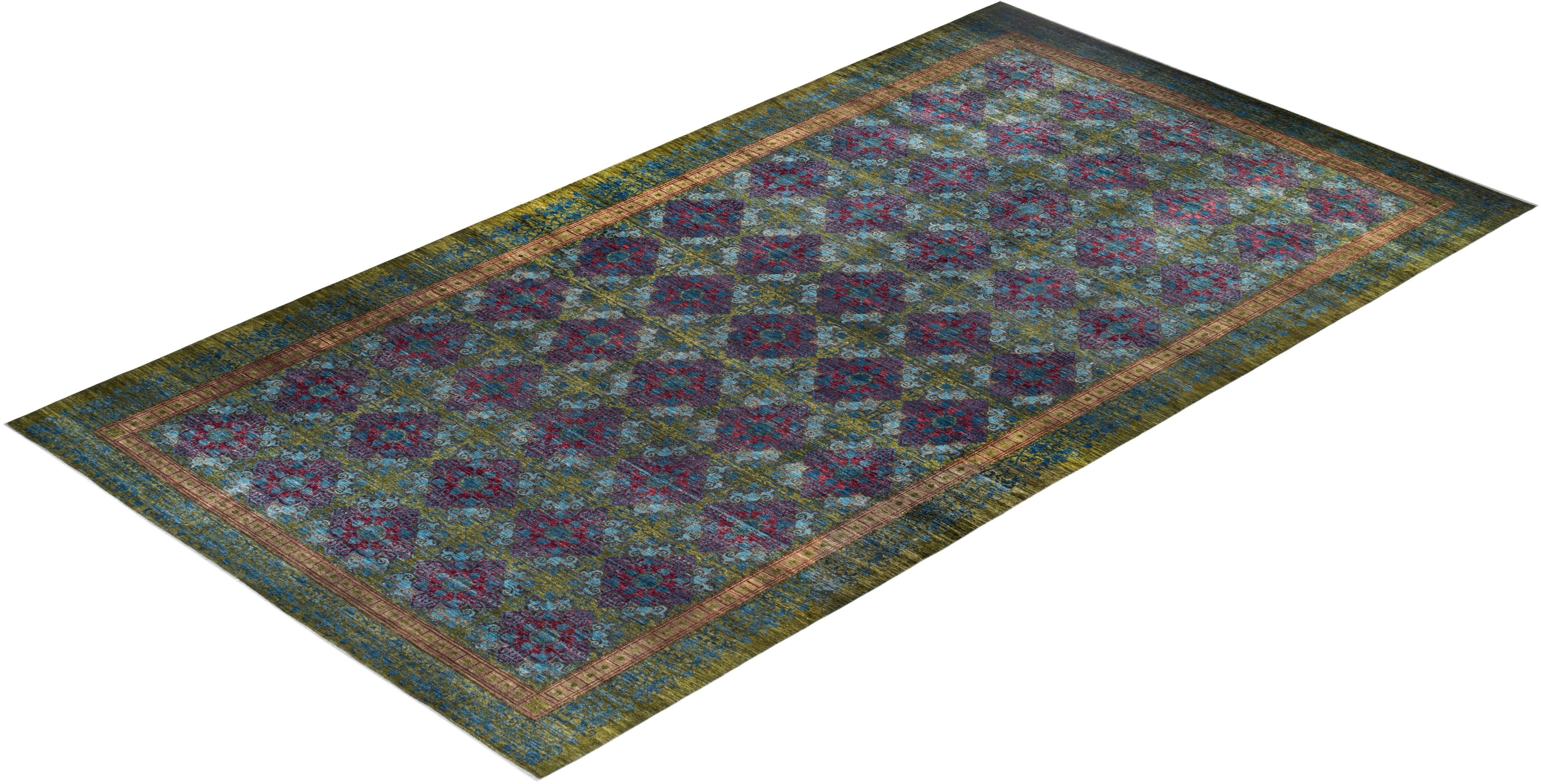 Contemporary Suzani Hand Knotted Wool Green Area Rug For Sale 4