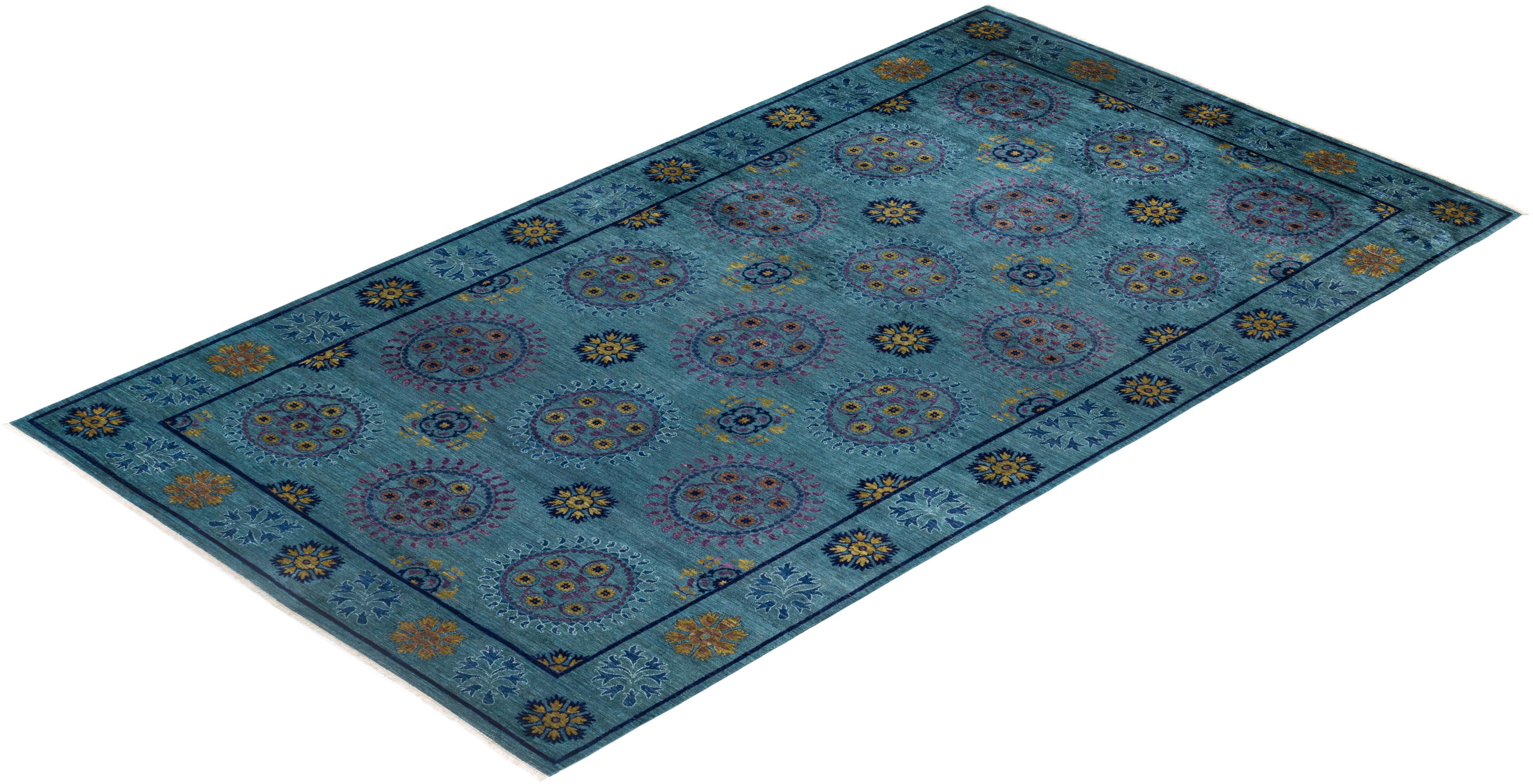 Contemporary Suzani Hand Knotted Wool Green Area Rug For Sale 4