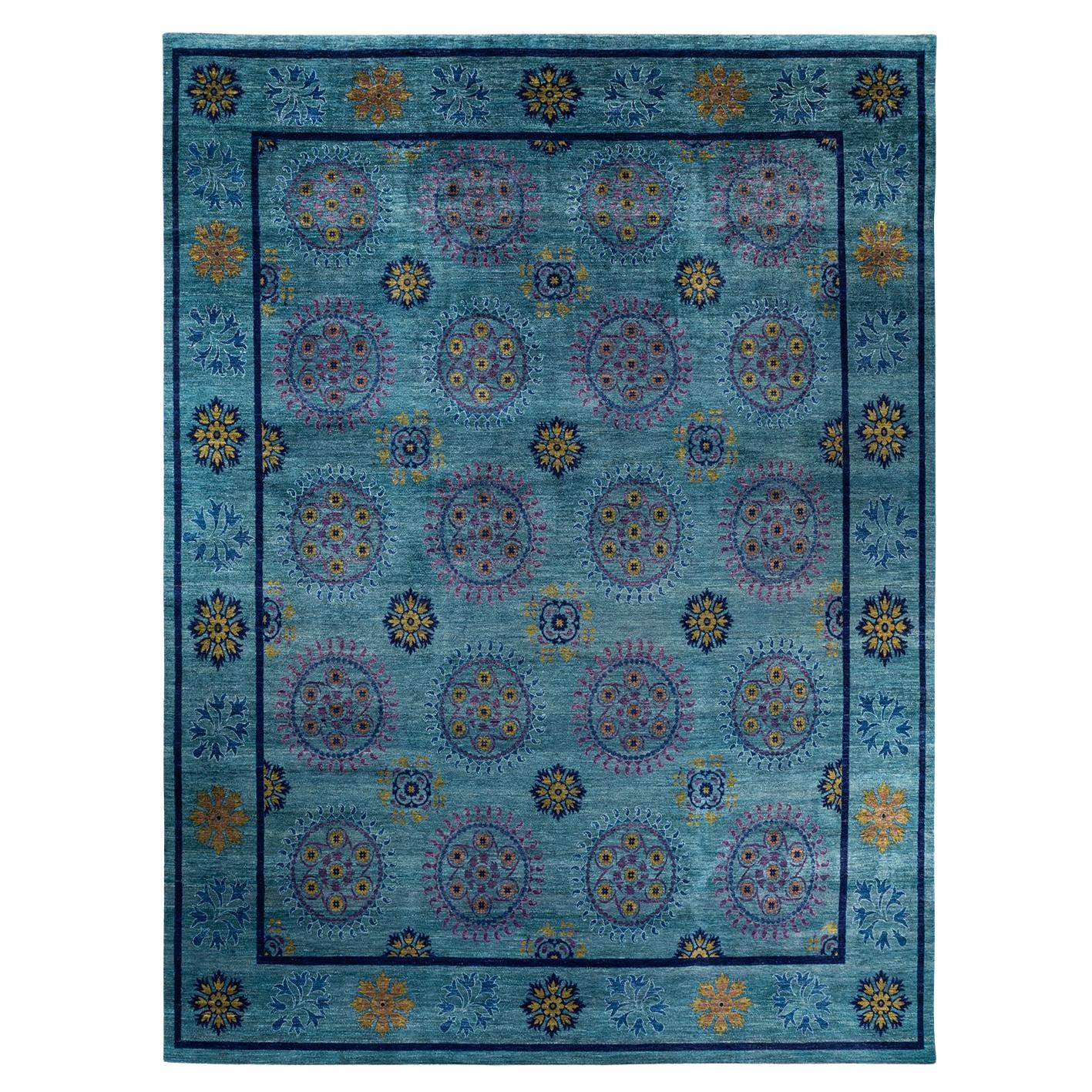 Contemporary Suzani Hand Knotted Wool Green Area Rug For Sale