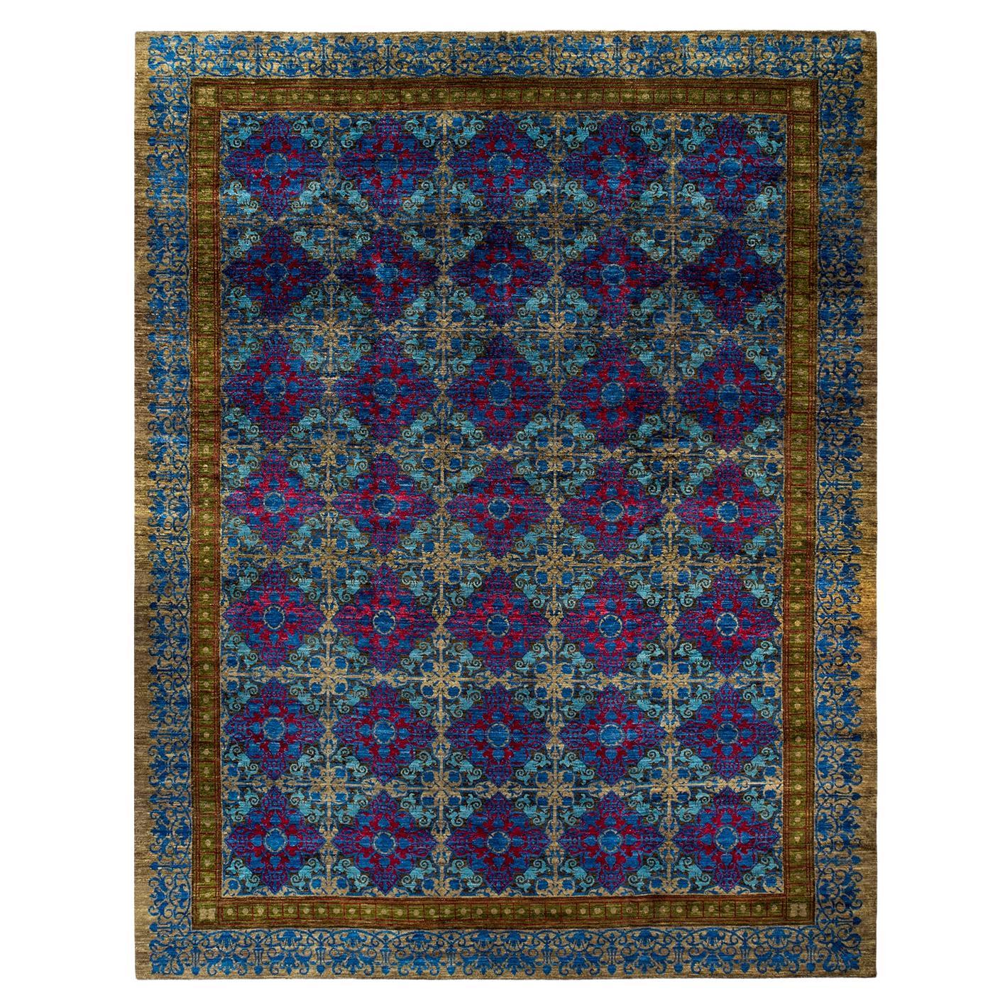 Contemporary Suzani Hand Knotted Wool Green Area Rug For Sale
