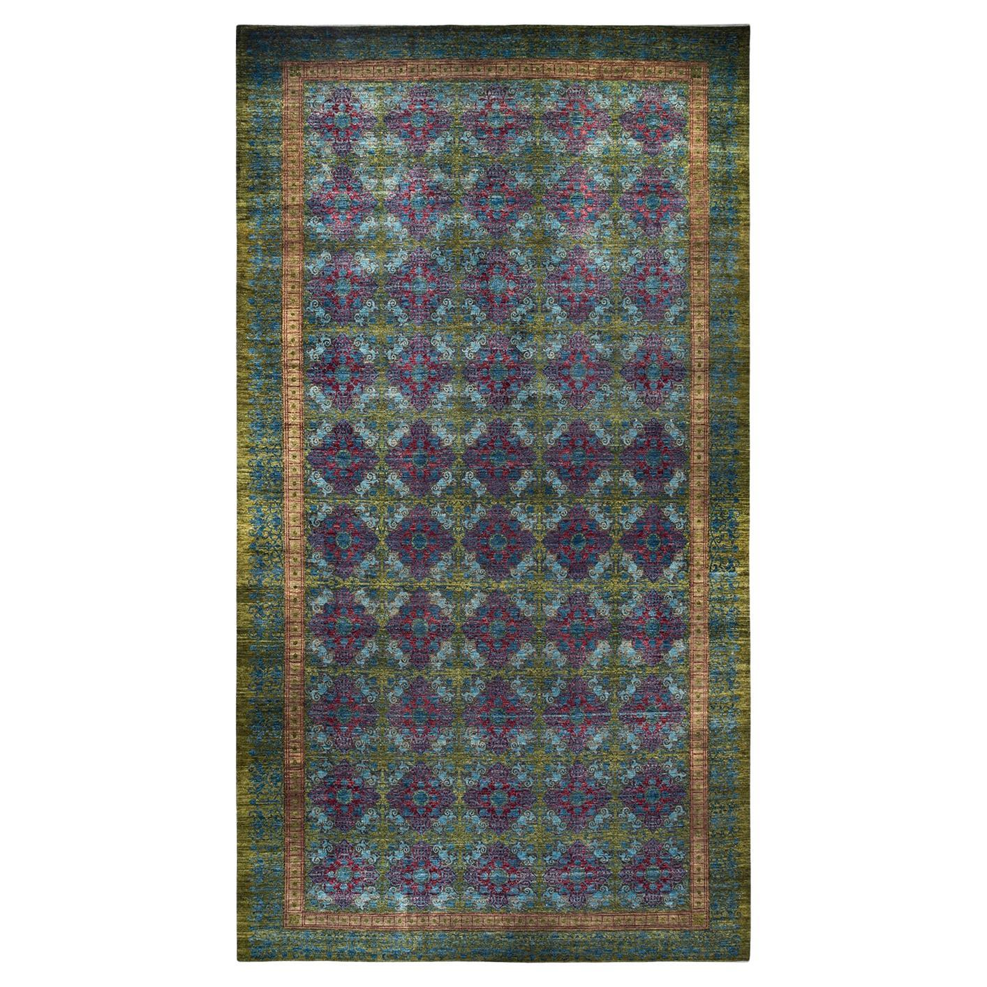 Contemporary Suzani Hand Knotted Wool Green Area Rug For Sale