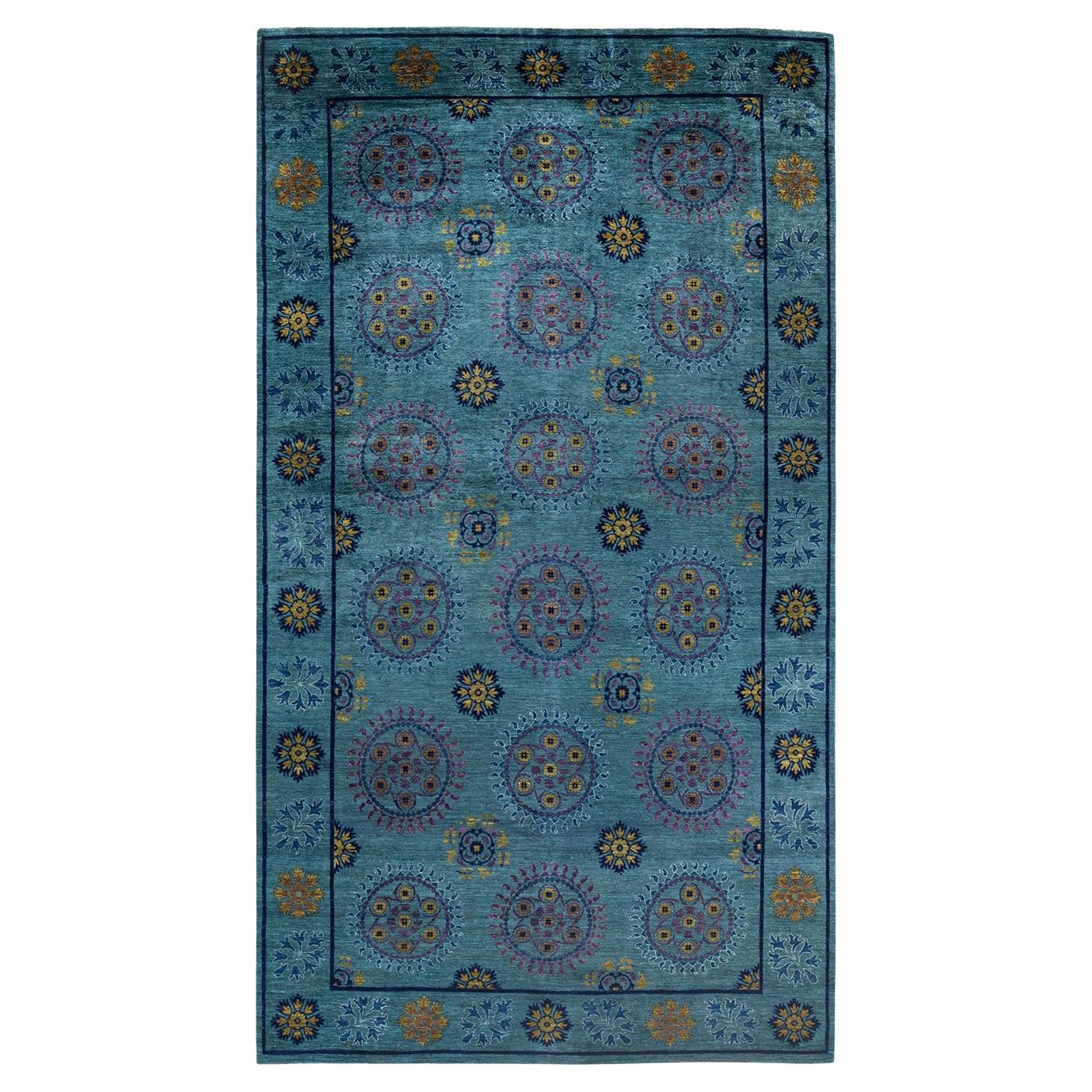 Contemporary Suzani Hand Knotted Wool Green Area Rug  im Angebot