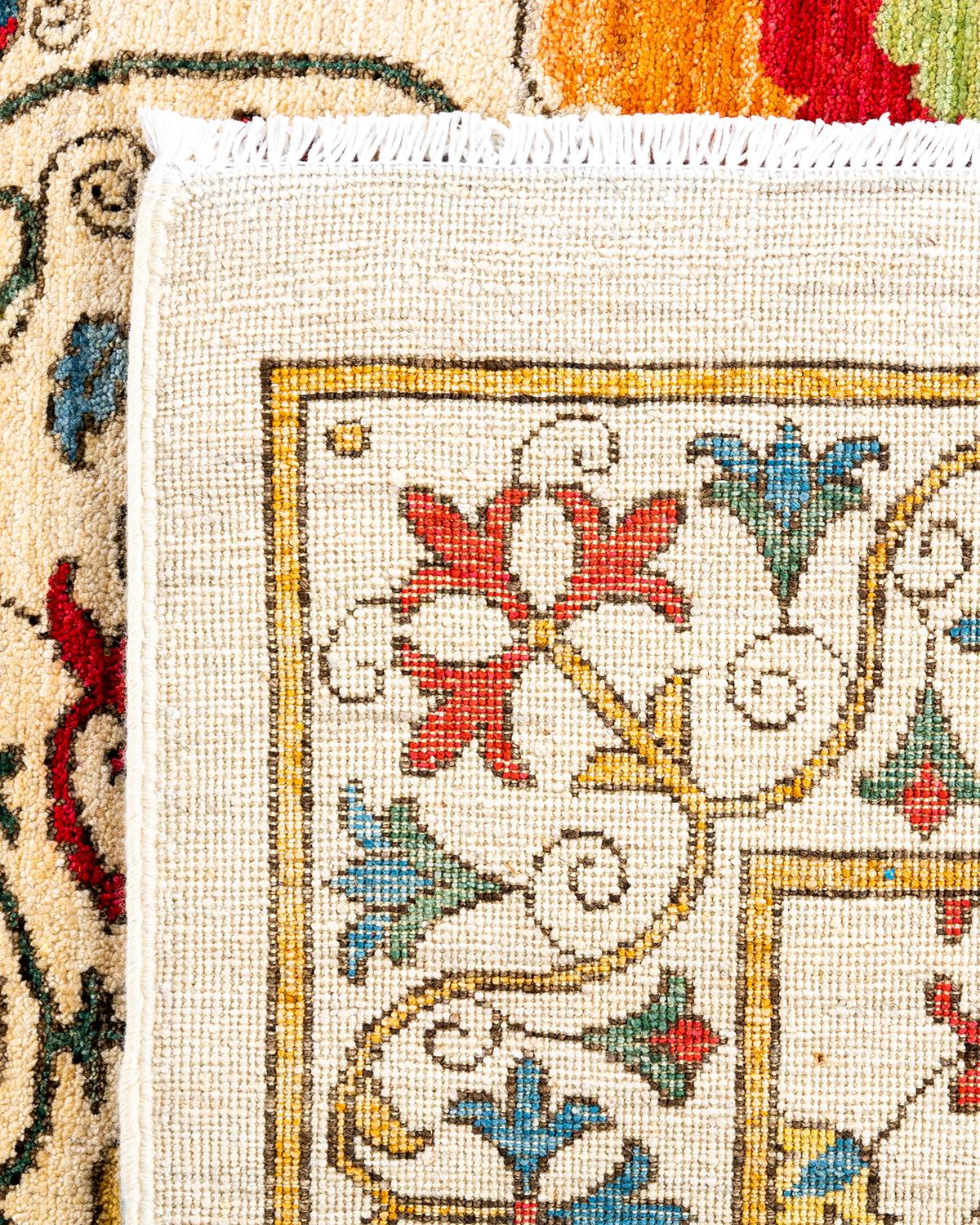 Contemporary Suzani Hand Knotted Wool Ivory Area Rug For Sale 1