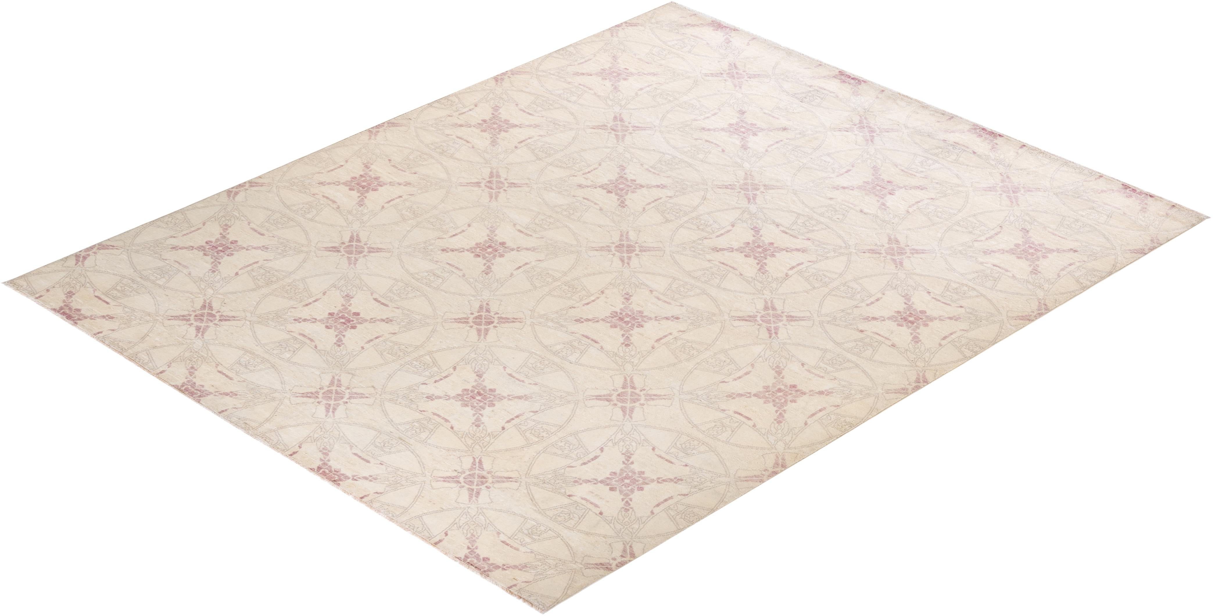 Contemporary Suzani Hand Knotted Wool Ivory Area Rug For Sale 4