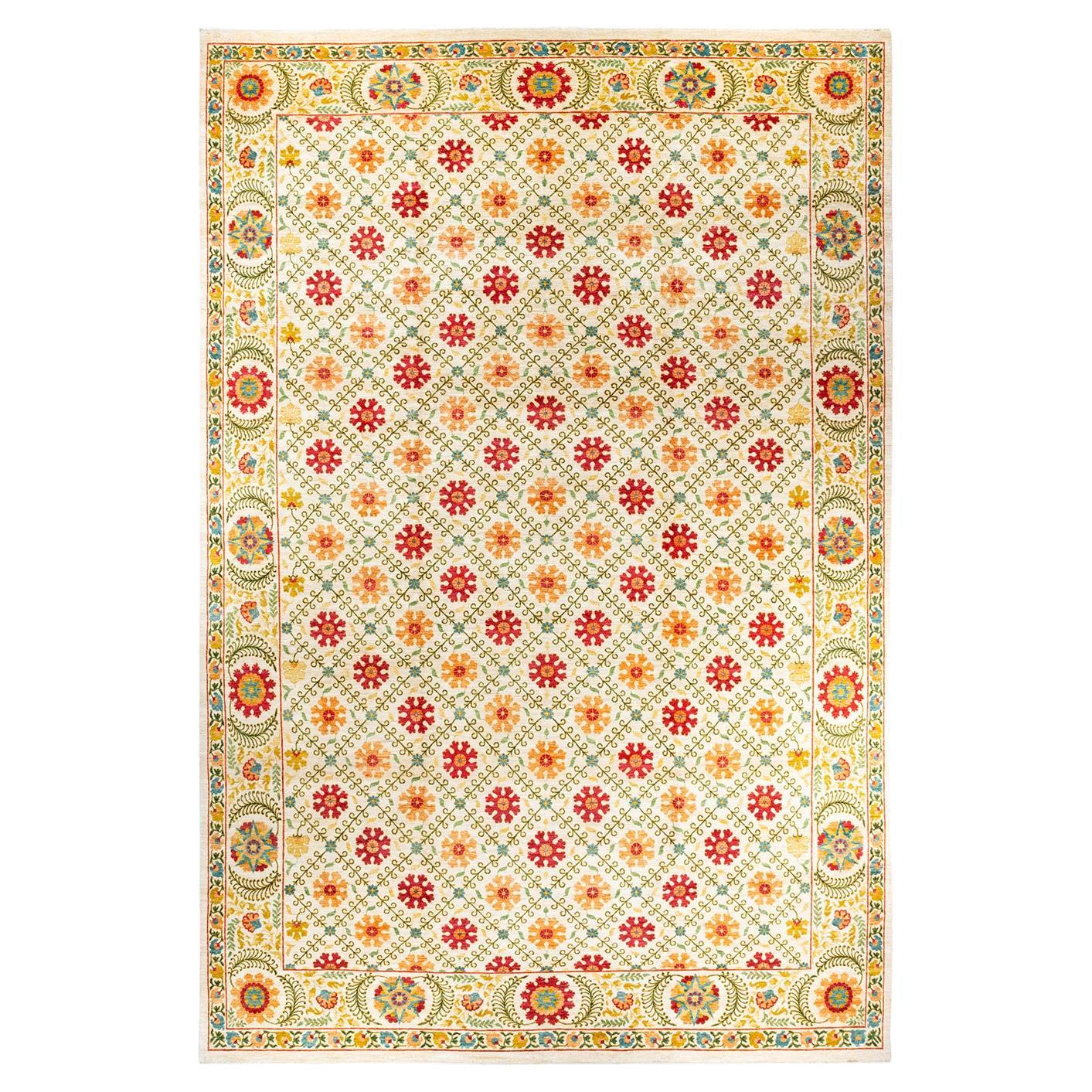Contemporary Suzani Hand Knotted Wool Ivory Area Rug For Sale