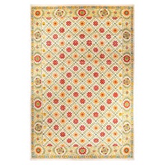 Contemporary Suzani Hand Knotted Wool Ivory Area Rug