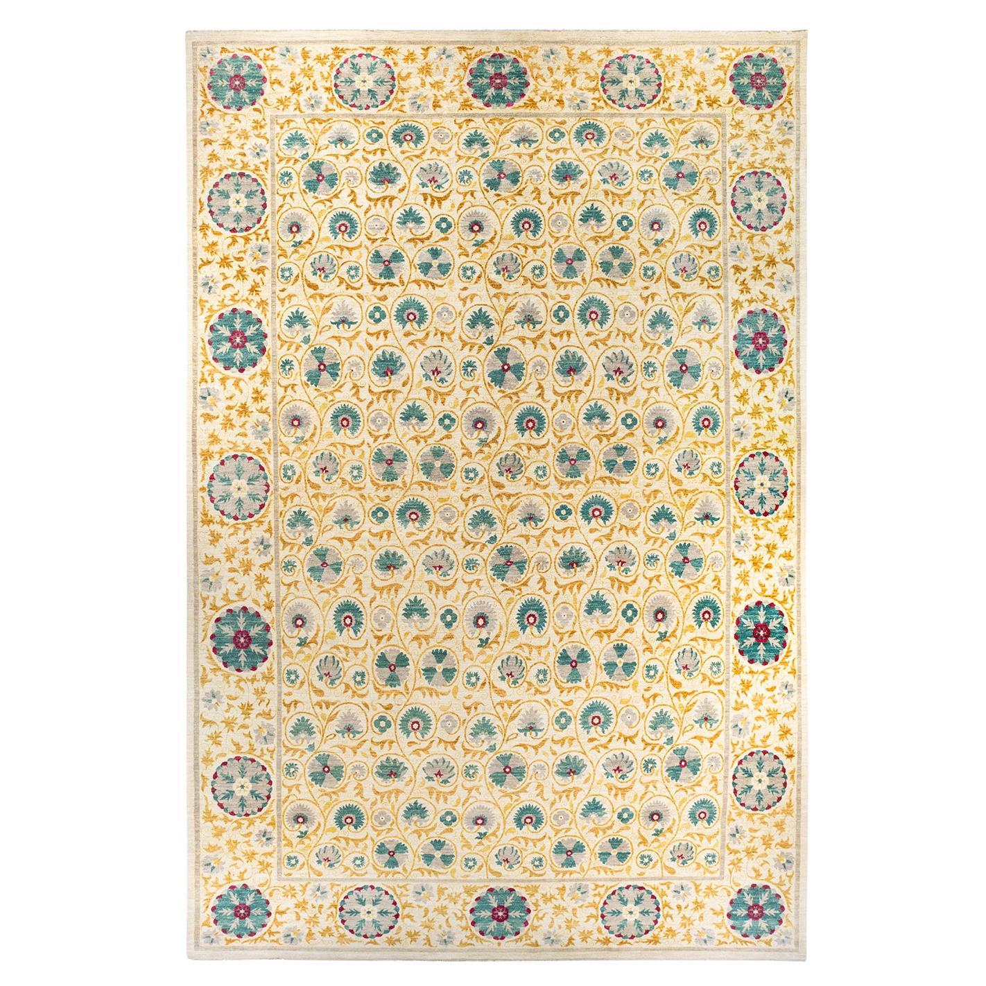 Contemporary Suzani Hand Knotted Wool Ivory Area Rug For Sale