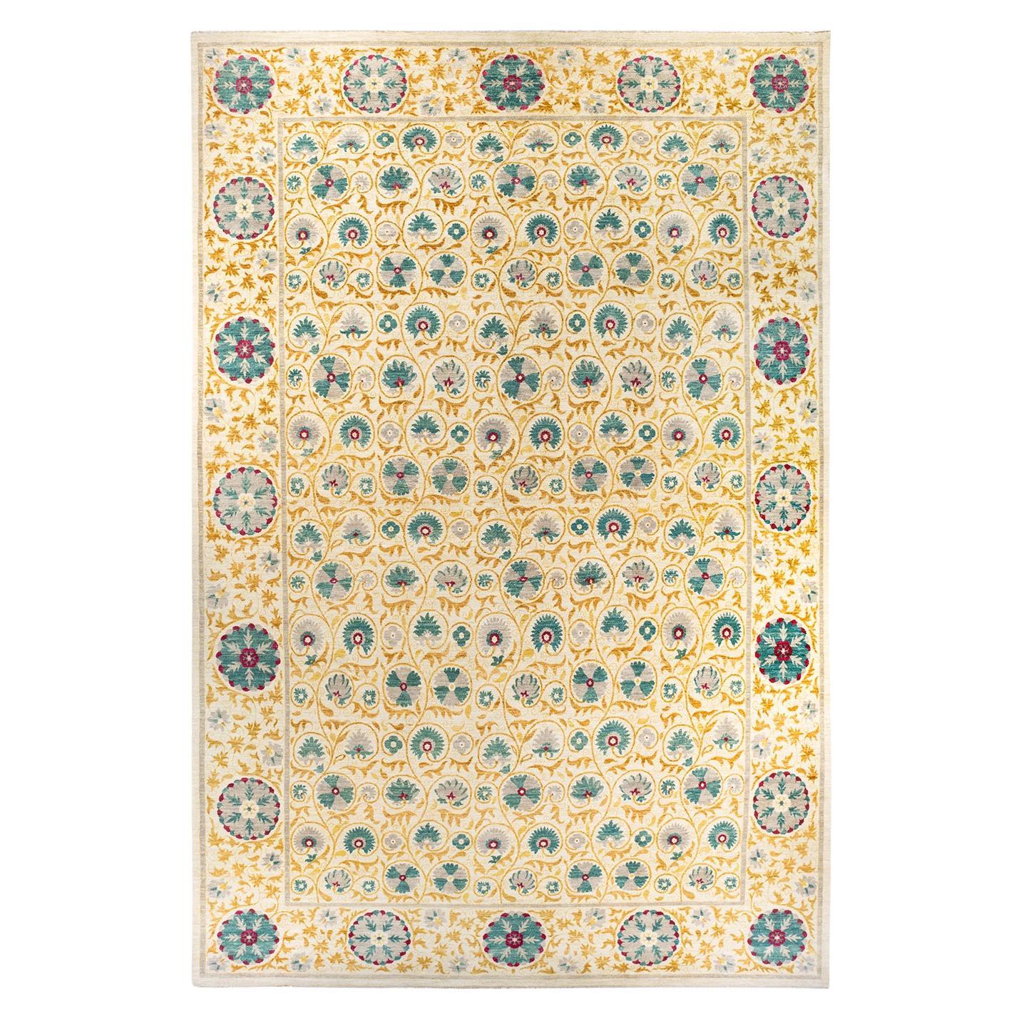 Contemporary Suzani Hand Knotted Wool Ivory Area Rug