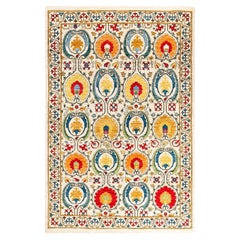 Contemporary Suzani Hand Knotted Wool Ivory Area Rug 