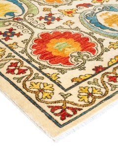 Contemporary Suzani Hand Knotted Wool Ivory Runner
