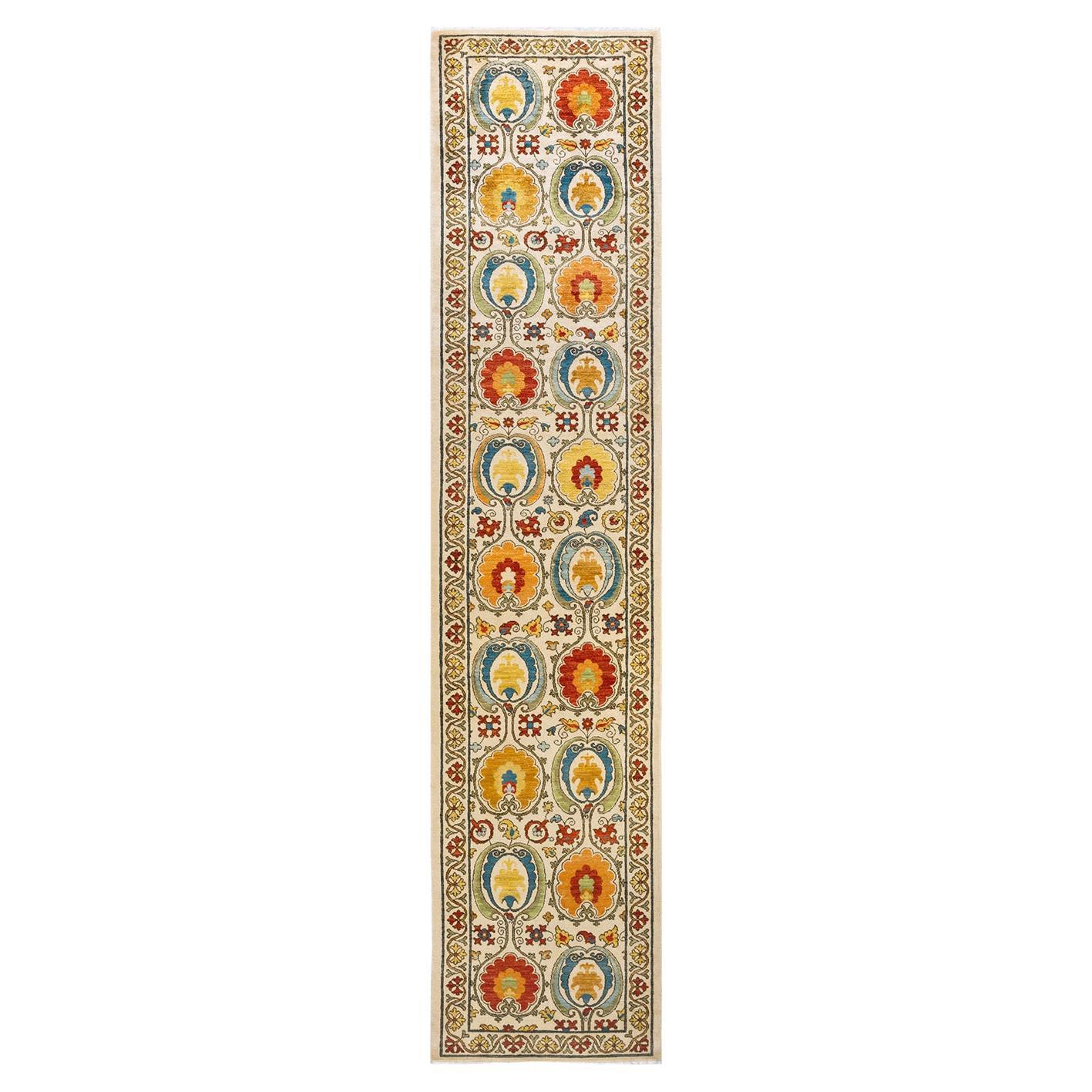 Contemporary Suzani Hand Knotted Wool Ivory Runner  For Sale