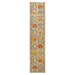 Contemporary Suzani Hand Knotted Wool Ivory Runner 