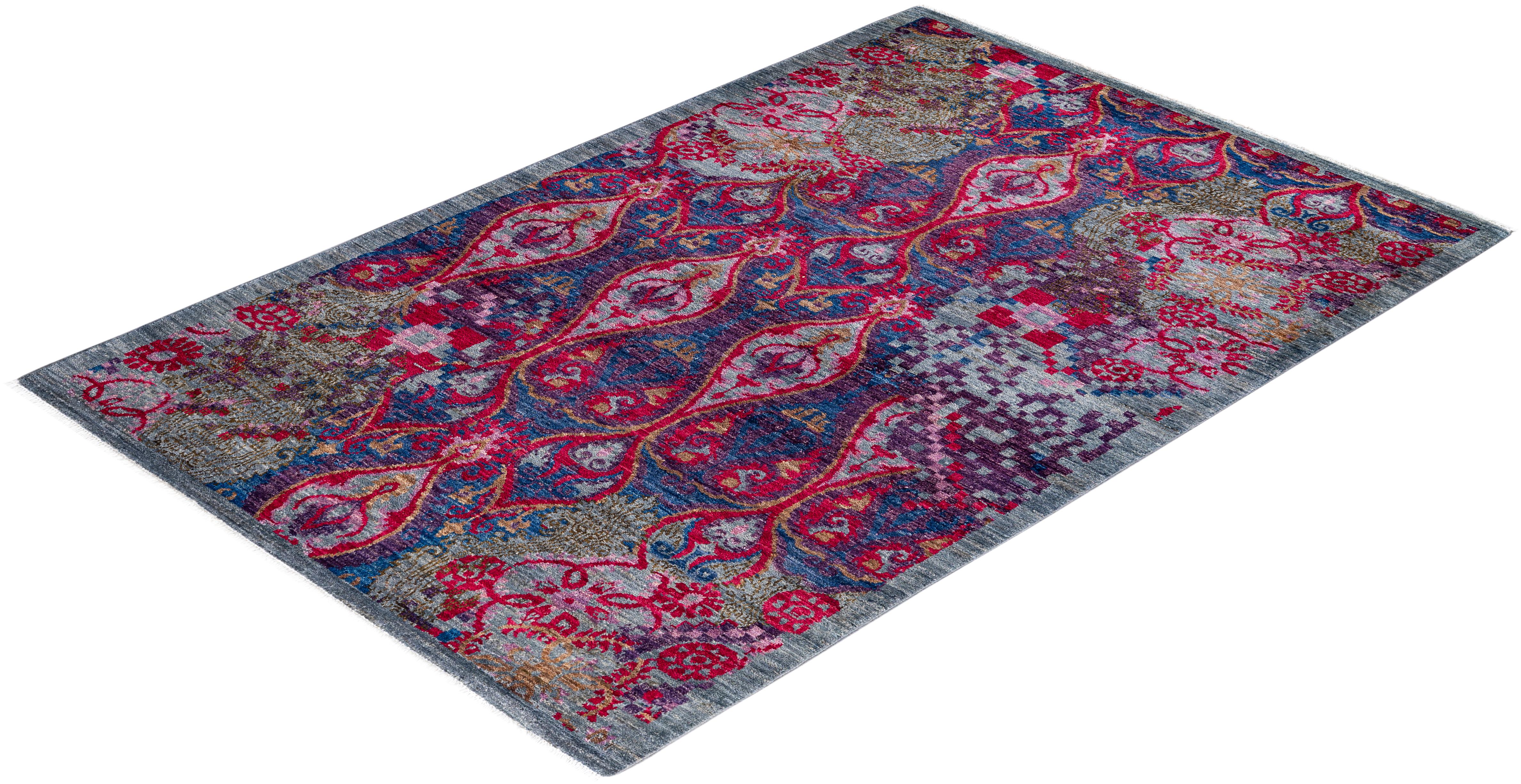 Contemporary Suzani Hand Knotted Wool Multi Area Rug  im Angebot 2