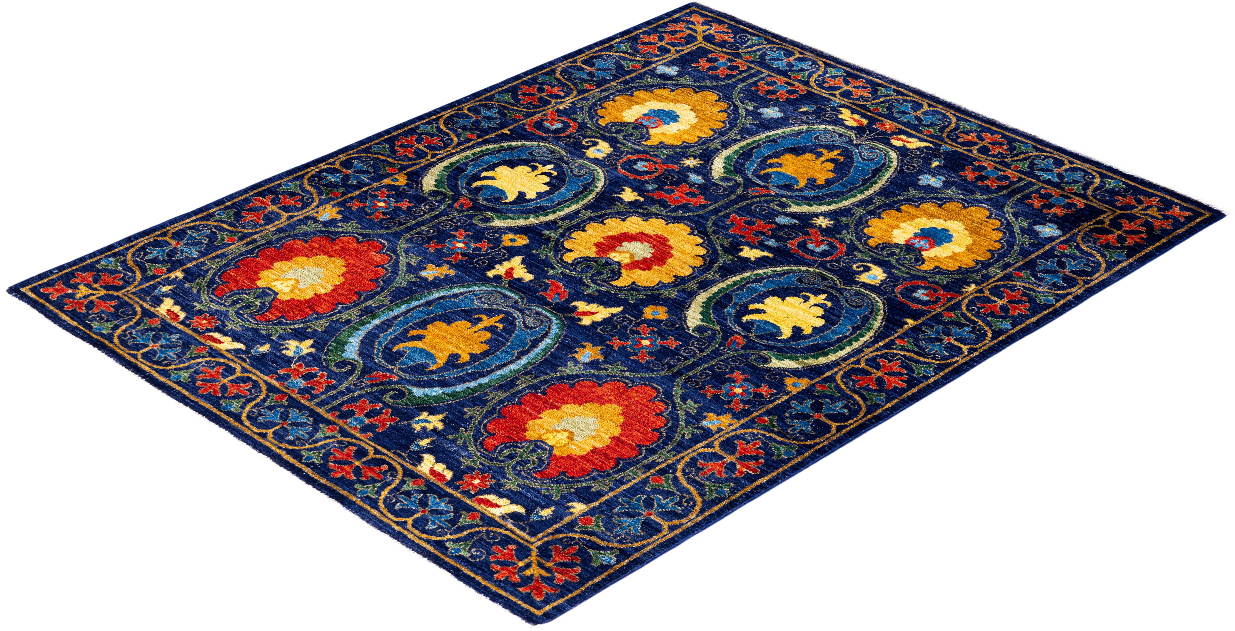 Contemporary Suzani Hand Knotted Wool Navy Area Rug  im Angebot 2