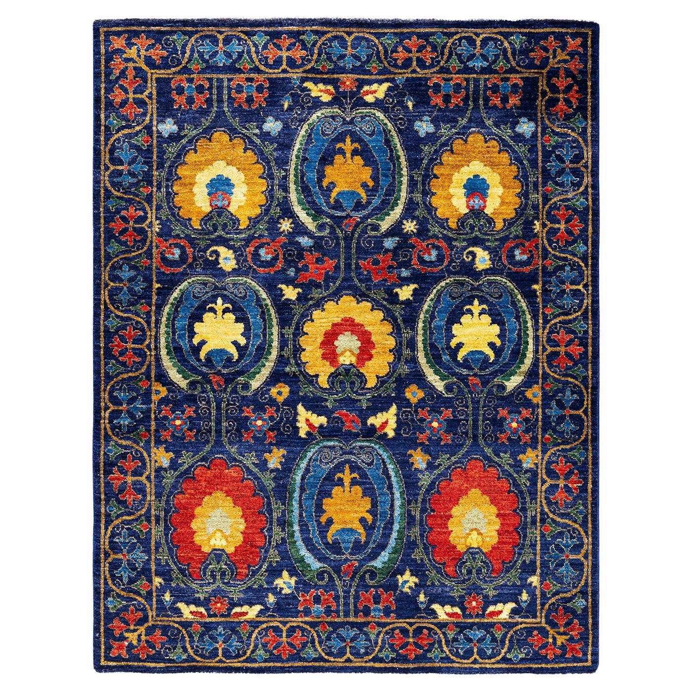 Contemporary Suzani Hand Knotted Wool Navy Area Rug  For Sale
