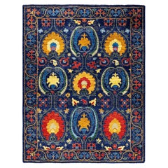 Contemporary Suzani Hand Knotted Wool Navy Area Rug 