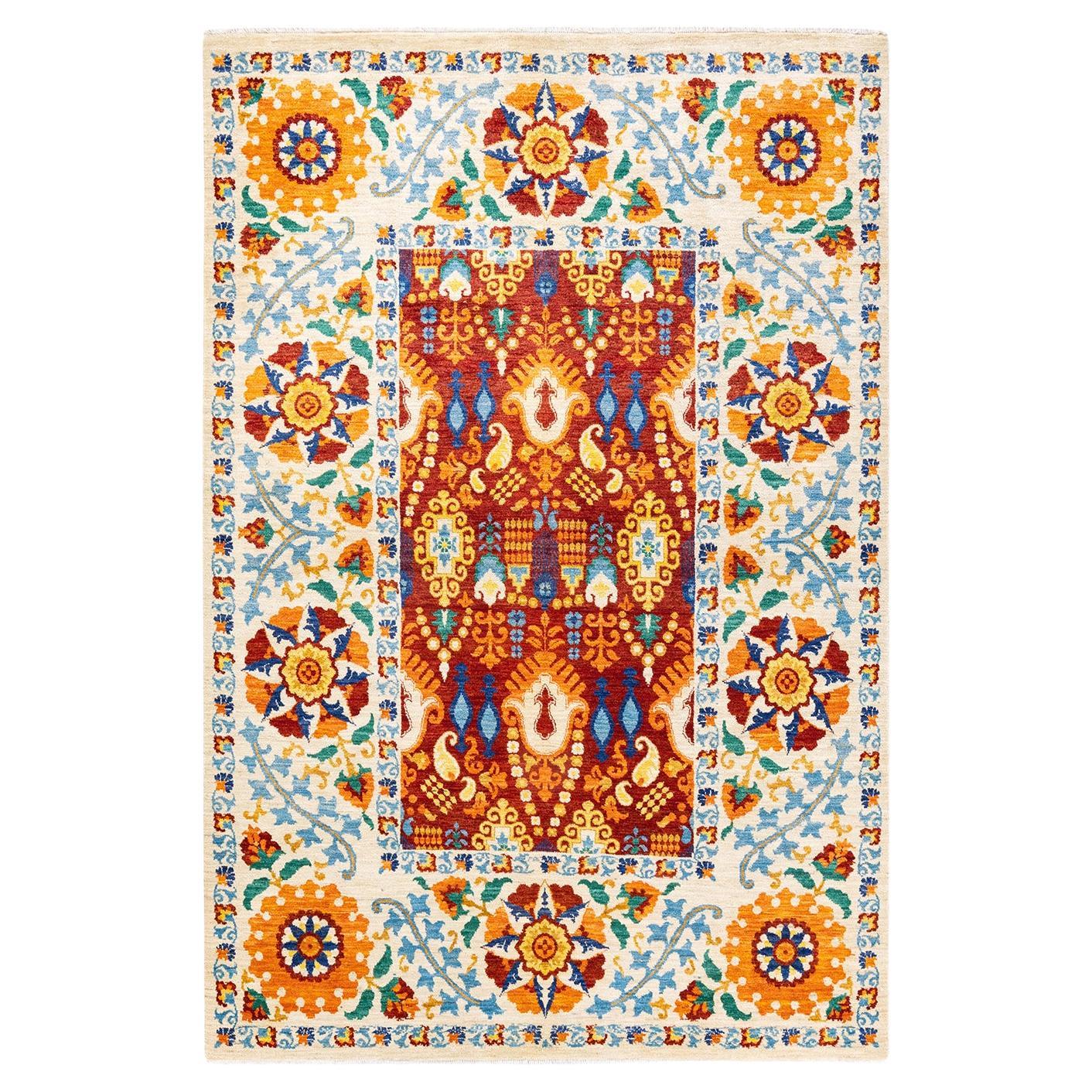 Contemporary Suzani Hand Knotted Wool Red Area Rug For Sale