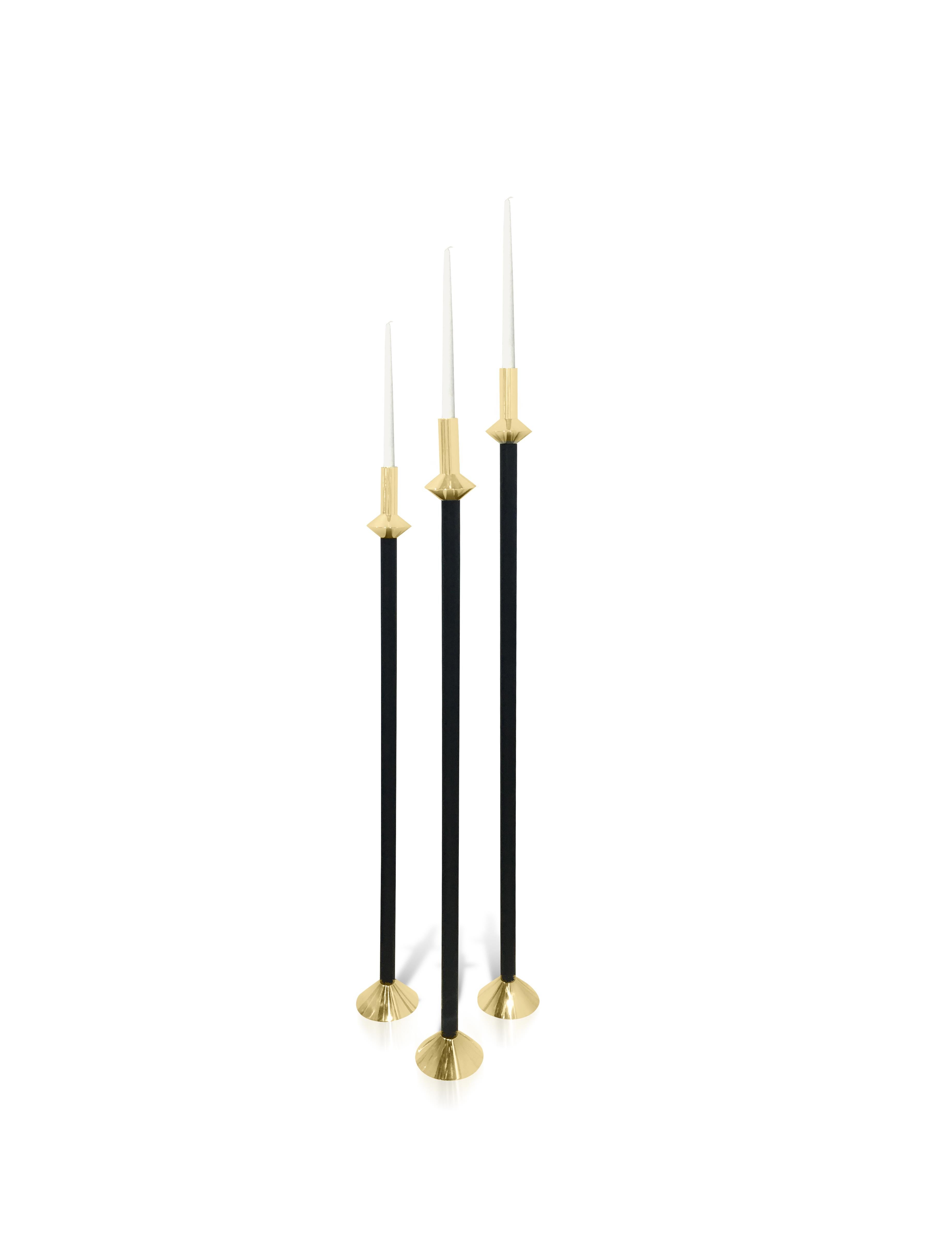 Contemporary Swedish Brass and Leather Modern Minimalist Candleholders, Large In New Condition For Sale In New York, NY