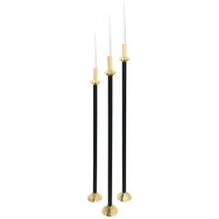 Contemporary Swedish Brass and Leather Modern Minimalist Candleholders, Small Contemporary Swedish Brass and Leather Modern Minimalist Candleholders, Small