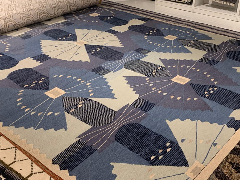 Hand-Knotted Contemporary Swedish Design Blue and White Flat-Woven Rug by Doris Leslie Blau For Sale