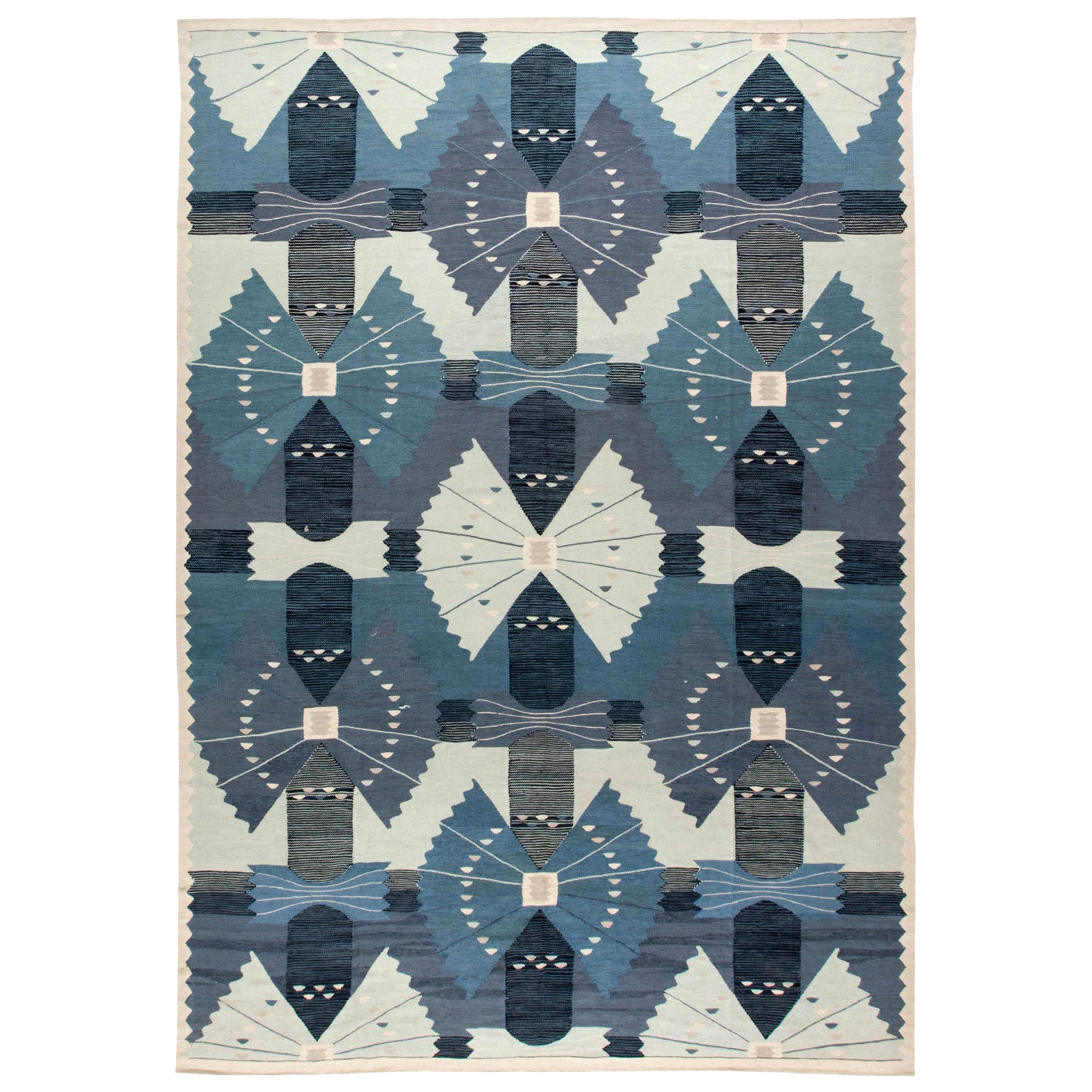 Contemporary Swedish Design Blue and White FlatWoven Rug by Doris