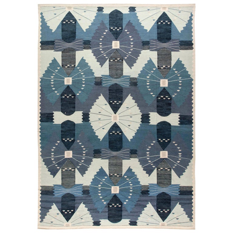 Contemporary Swedish Design Blue and White Flat-Woven Rug by Doris Leslie Blau For Sale