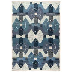 Contemporary Swedish Design Blauer und weißer Flachgewebe-Teppich von Doris Leslie Blau