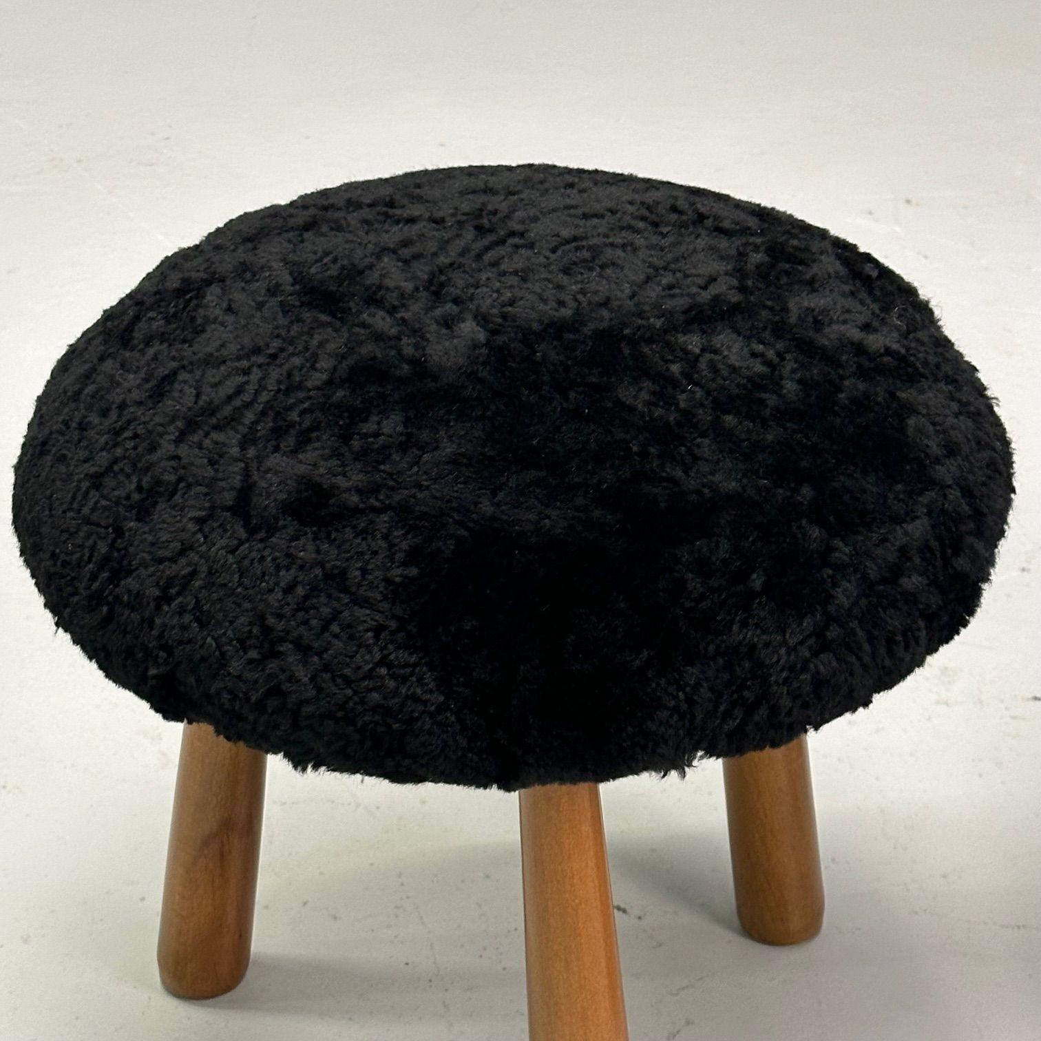 Contemporary, Swedish Mid-Century Style, Tripod Stools, Black Sheepskin For Sale 5