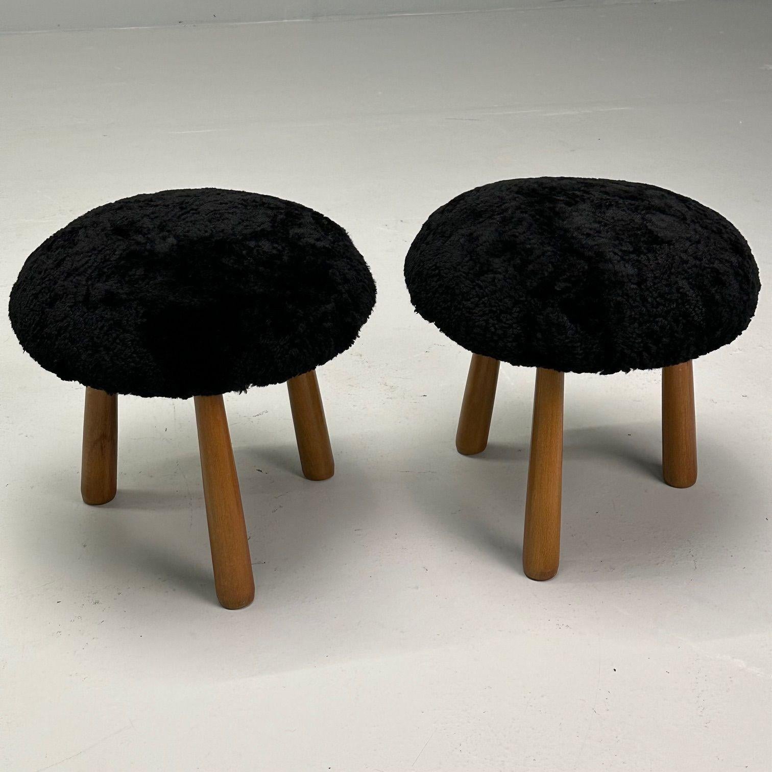 Contemporary, Swedish Mid-Century Style, Tripod Stools, Black Sheepskin In Excellent Condition For Sale In Stamford, CT