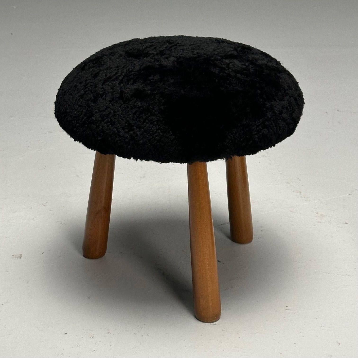 Contemporary, Swedish Mid-Century Style, Tripod Stools, Black Sheepskin For Sale 1
