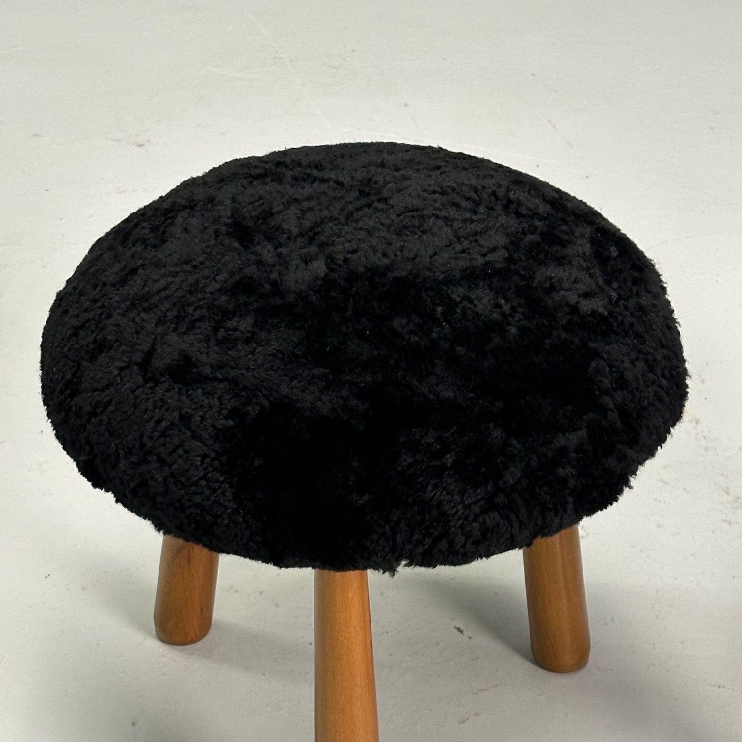 Contemporary, Swedish Mid-Century Style, Tripod Stools, Black Sheepskin For Sale 3