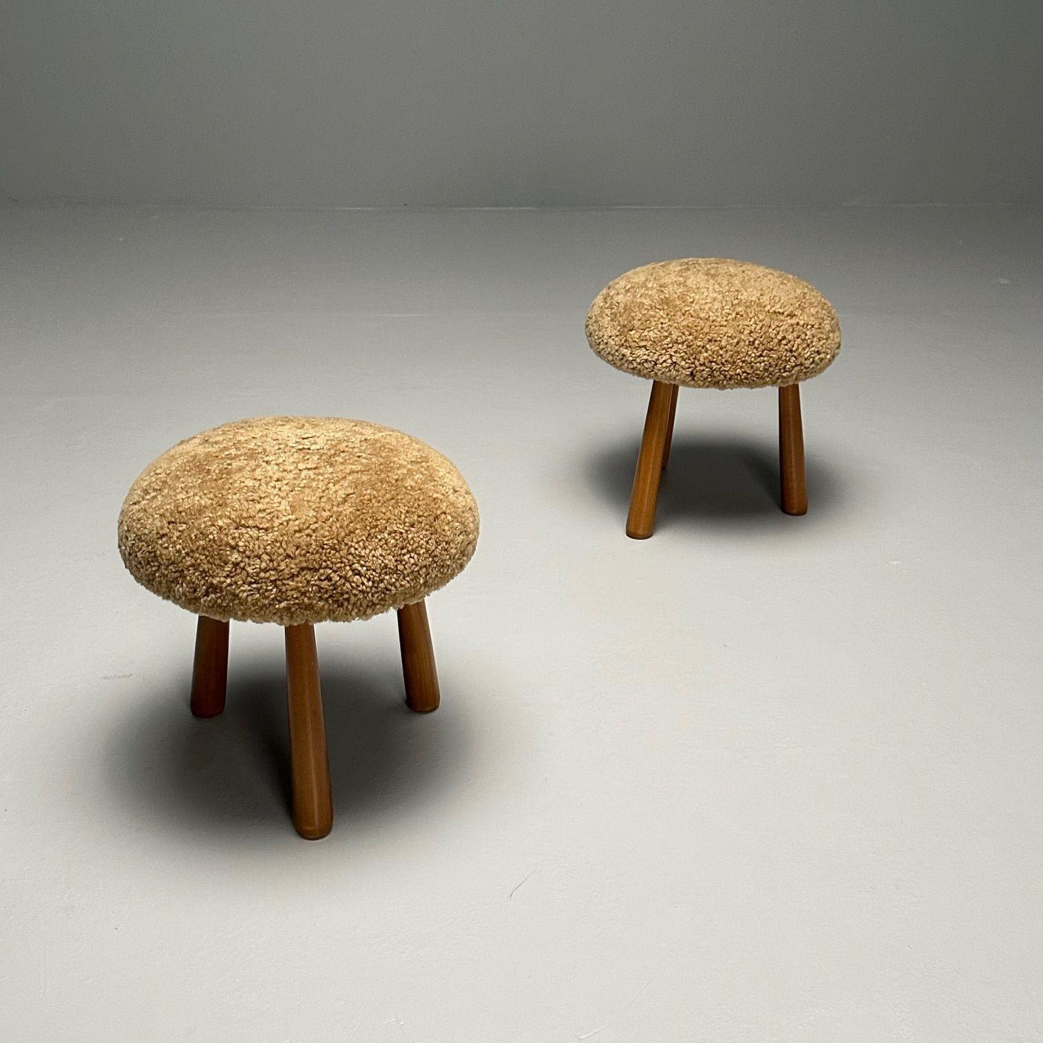 Contemporary, Swedish Modern, Sheepskin Stools, Honey Shearling, Ottomans, 2023 In Good Condition For Sale In Stamford, CT