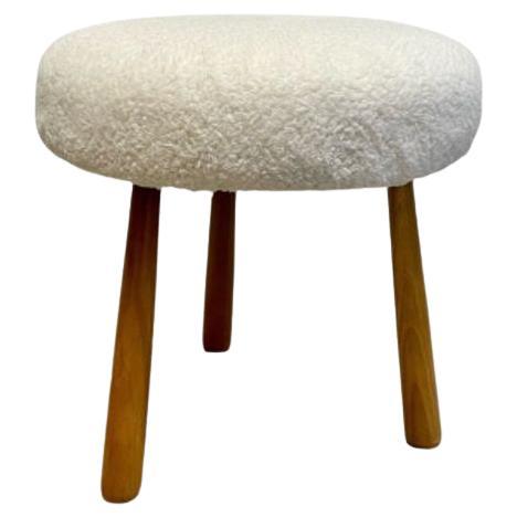 Contemporary Swedish Modern Style Faux Sheepskin Footstool / Ottoman, Cream For Sale