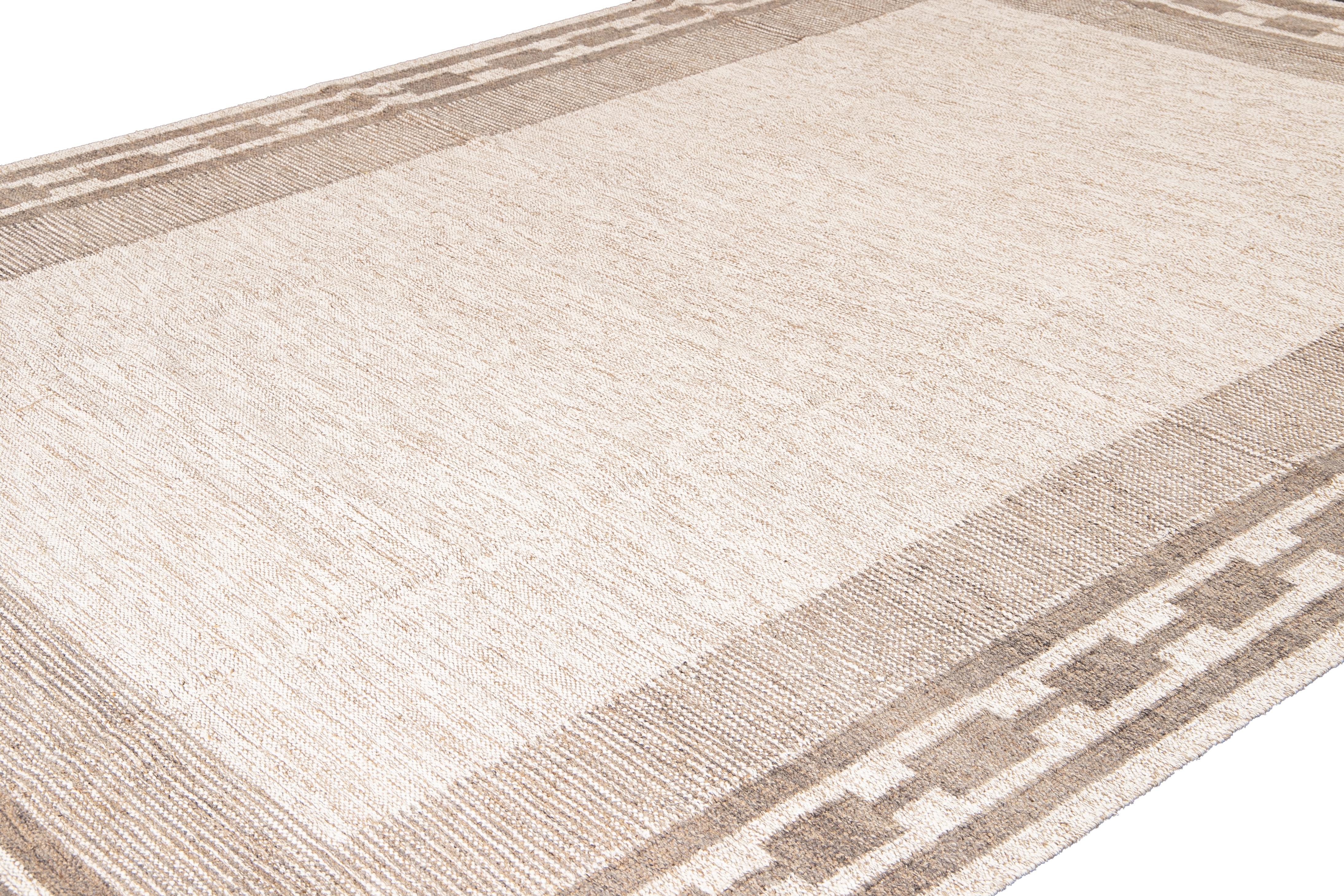 Hand-Knotted Contemporary Swedish Style Beige Handmade Room Size Designed Wool Rug For Sale