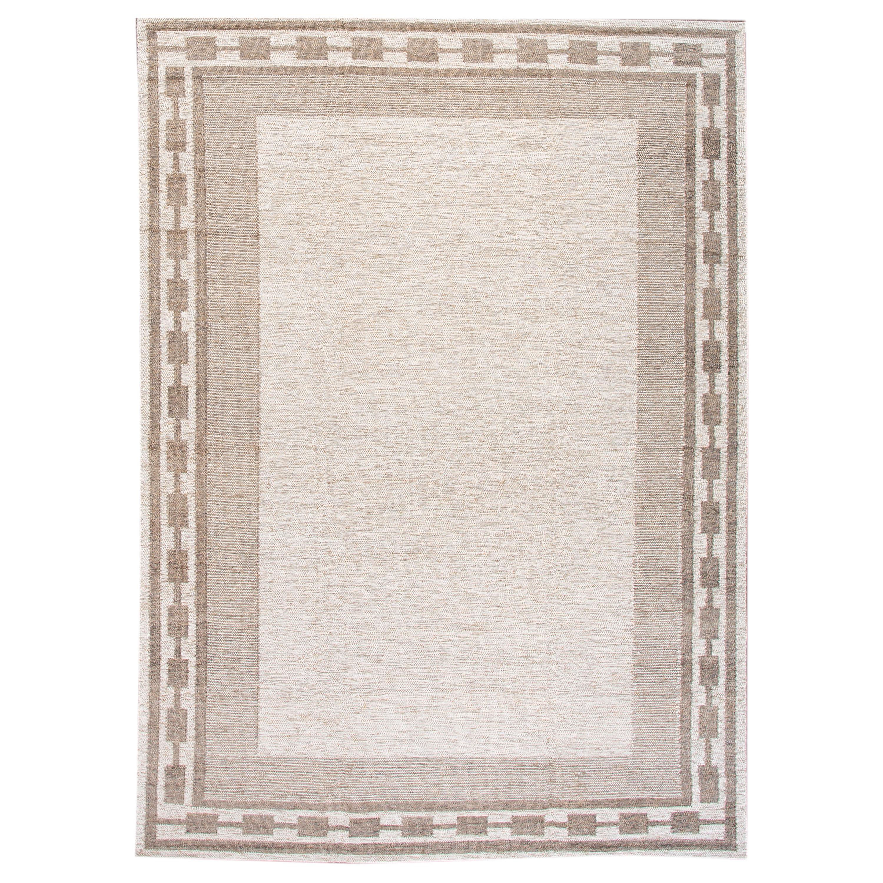 Contemporary Swedish Style Beige Handmade Room Size Designed Wool Rug For Sale