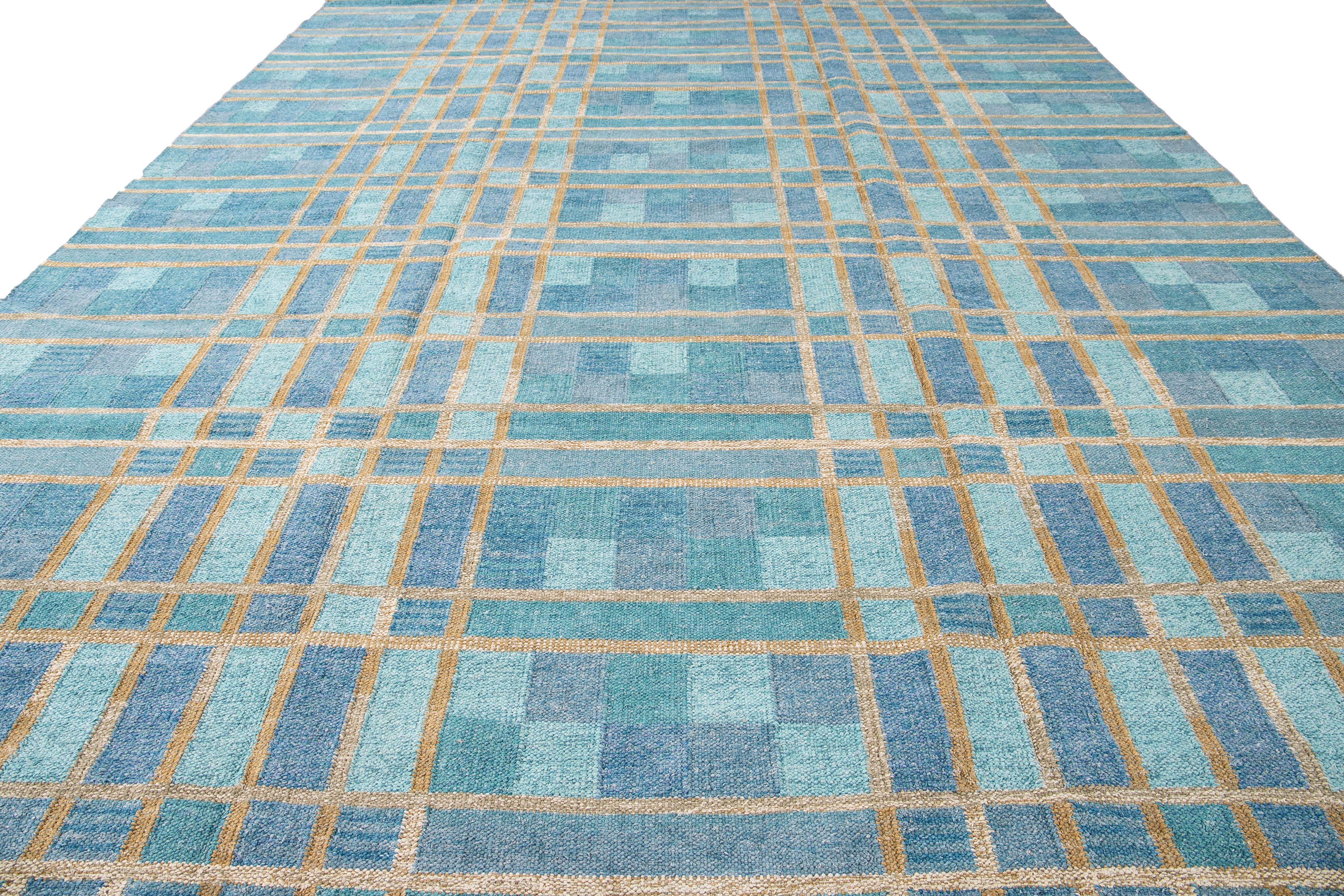 Scandinavian Modern Contemporary Swedish Style Blue Handmade Geometric Pattern Oversize Wool Rug For Sale