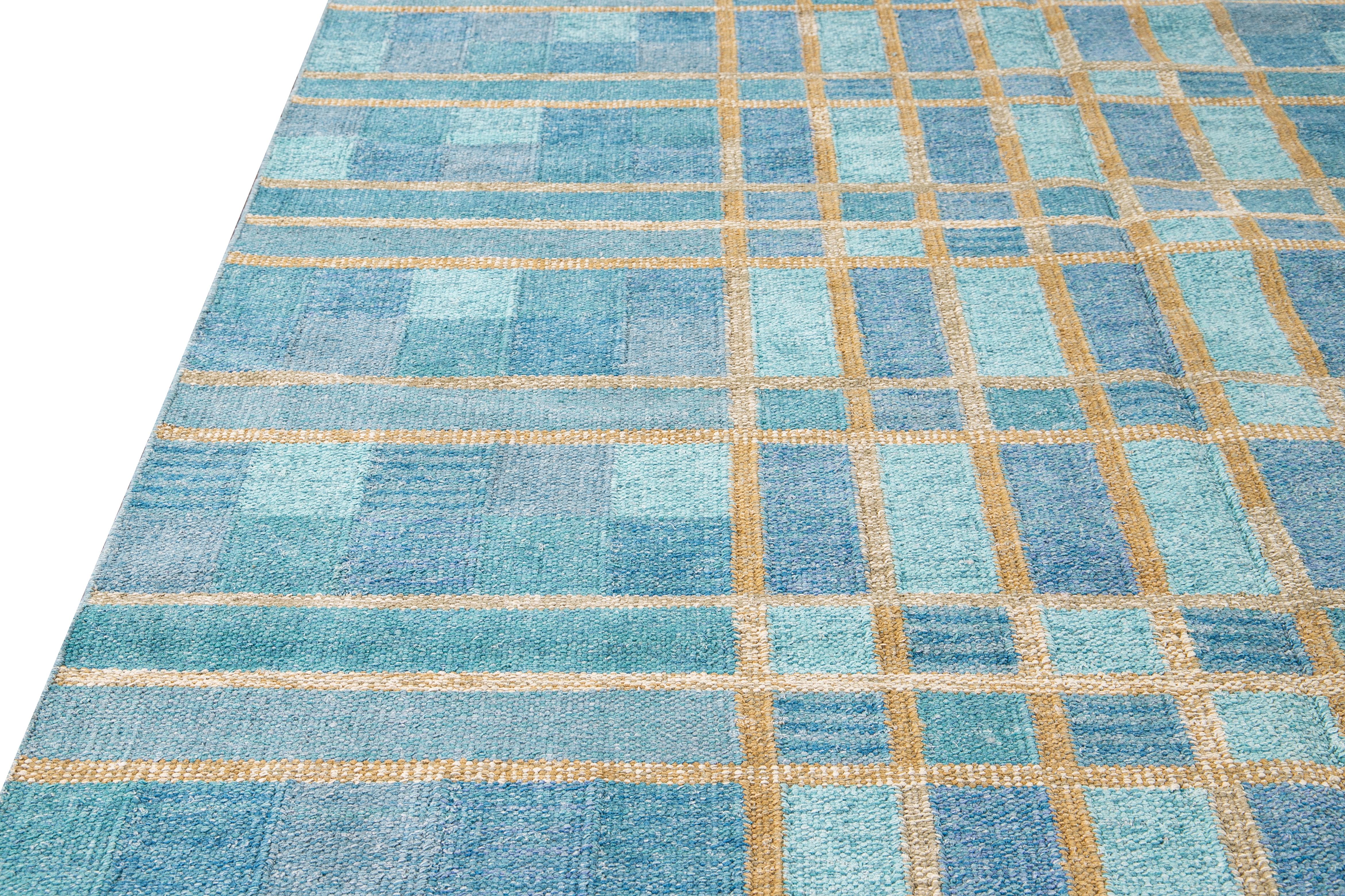 Indian Contemporary Swedish Style Blue Handmade Geometric Pattern Oversize Wool Rug For Sale
