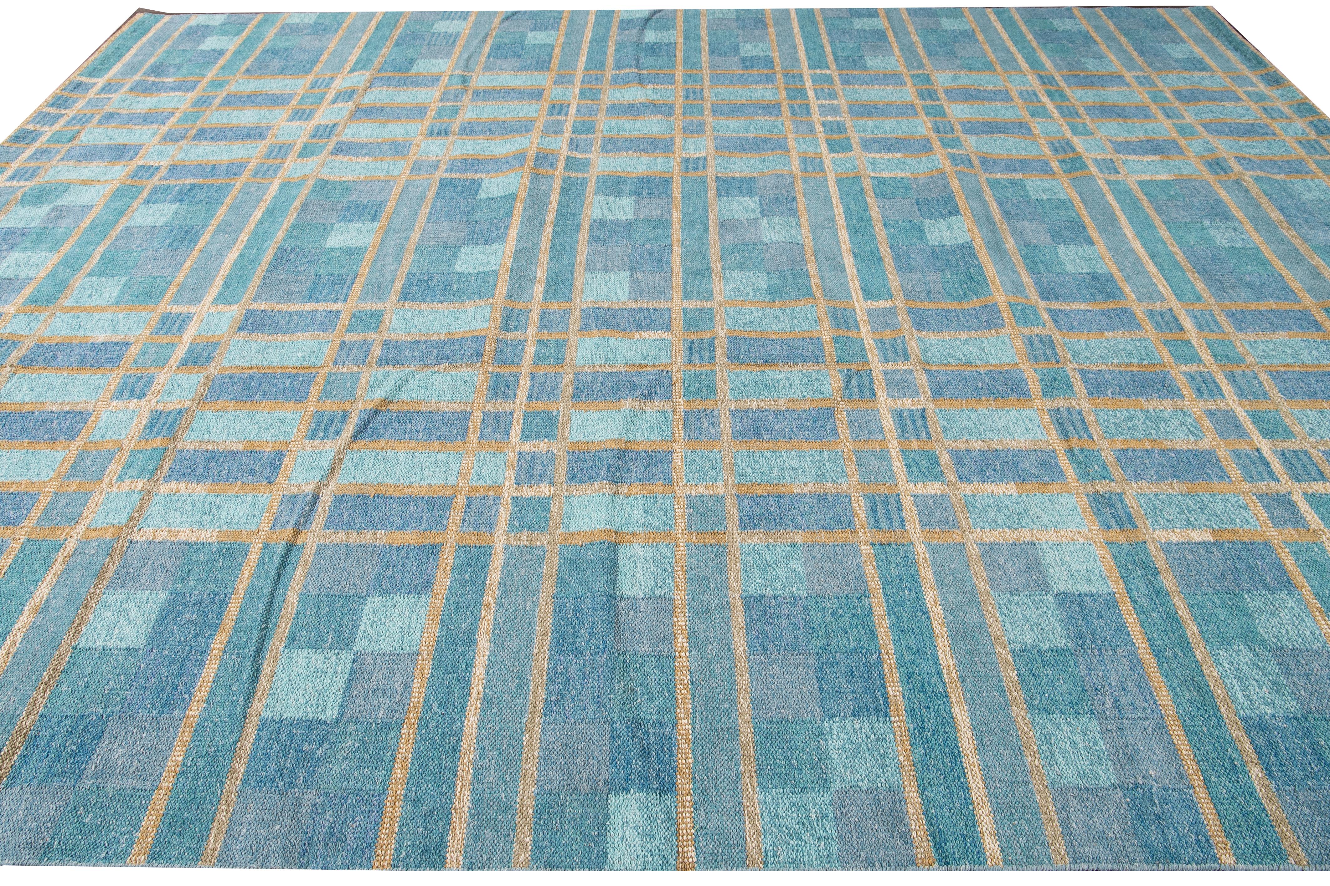 Contemporary Swedish Style Blue Handmade Geometric Pattern Oversize Wool Rug In New Condition For Sale In Norwalk, CT