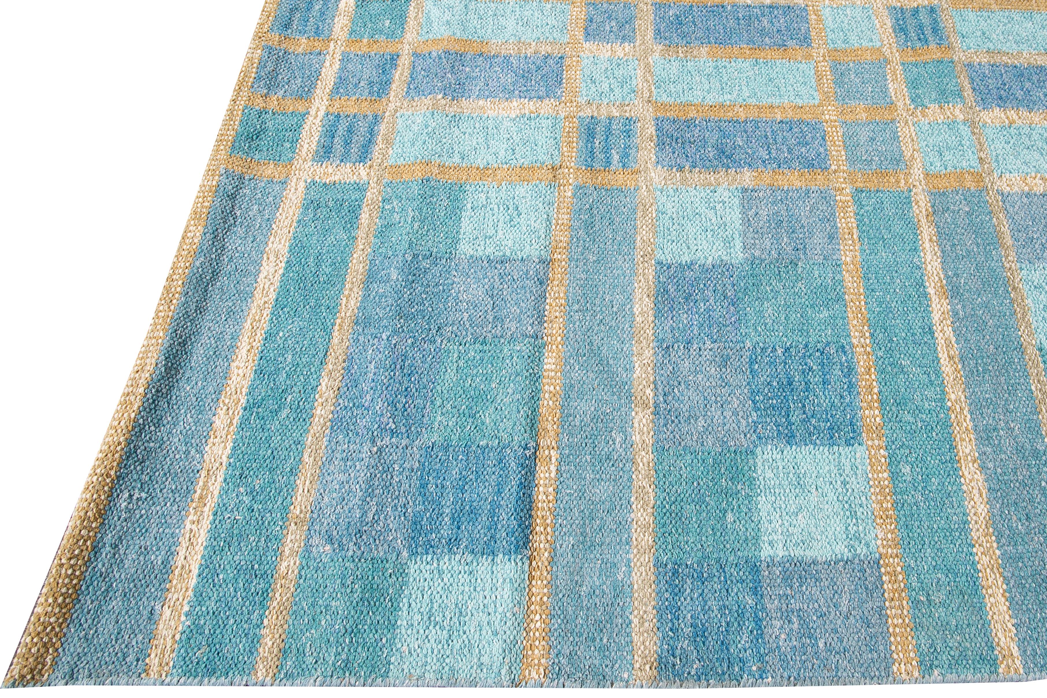 Contemporary Swedish Style Blue Handmade Geometric Pattern Oversize Wool Rug For Sale 1