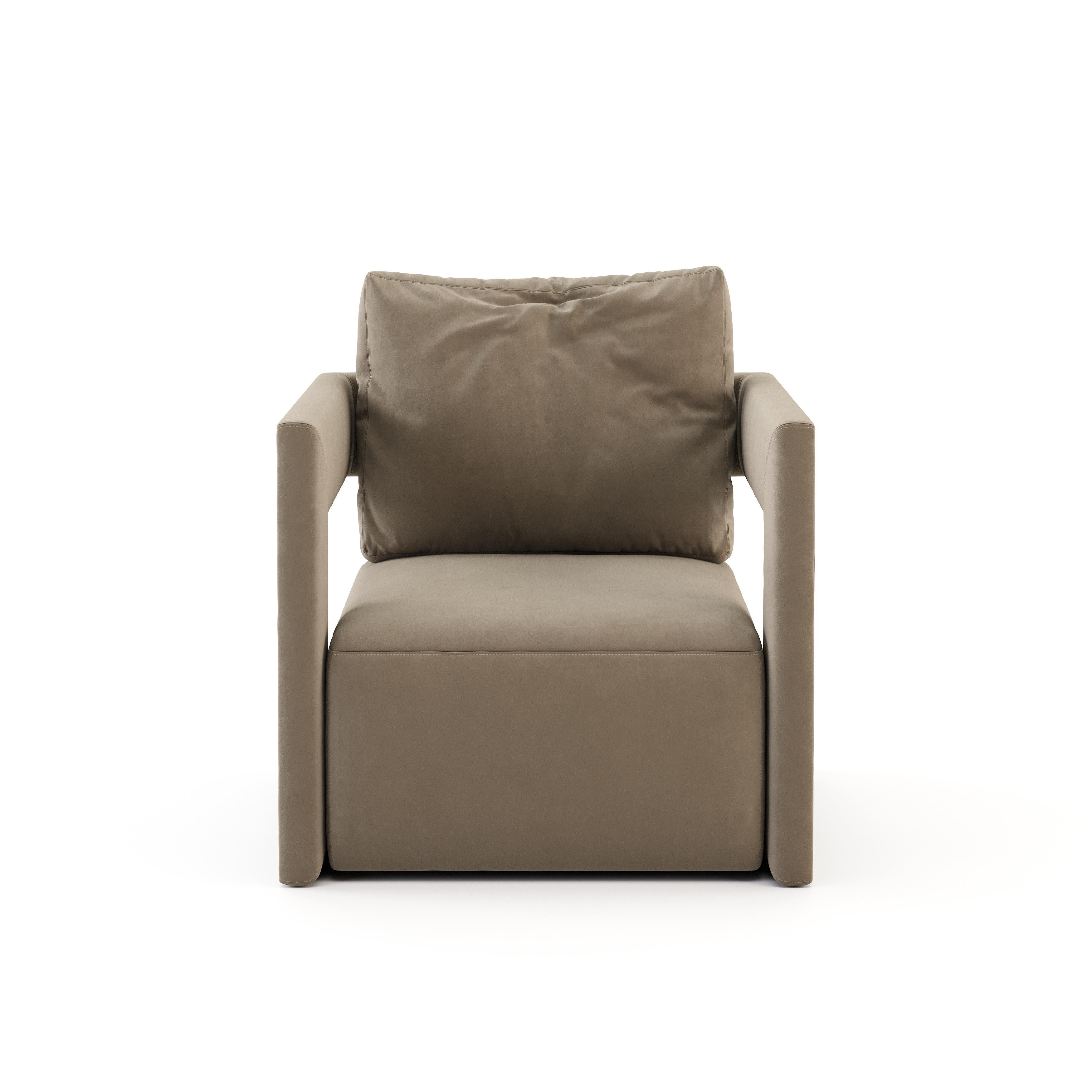 Portuguese Contemporary Swivel Armchair Featuring Square Arms & Open Back For Sale