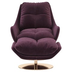 Contemporary Swivel Armchair with Foot Stool in Purple Velvet