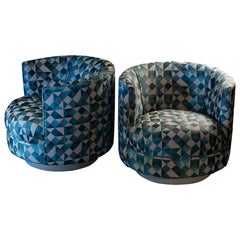 Contemporary Swivel Armchairs Milo Baughman Style in Light Blue Jacquard Fabric