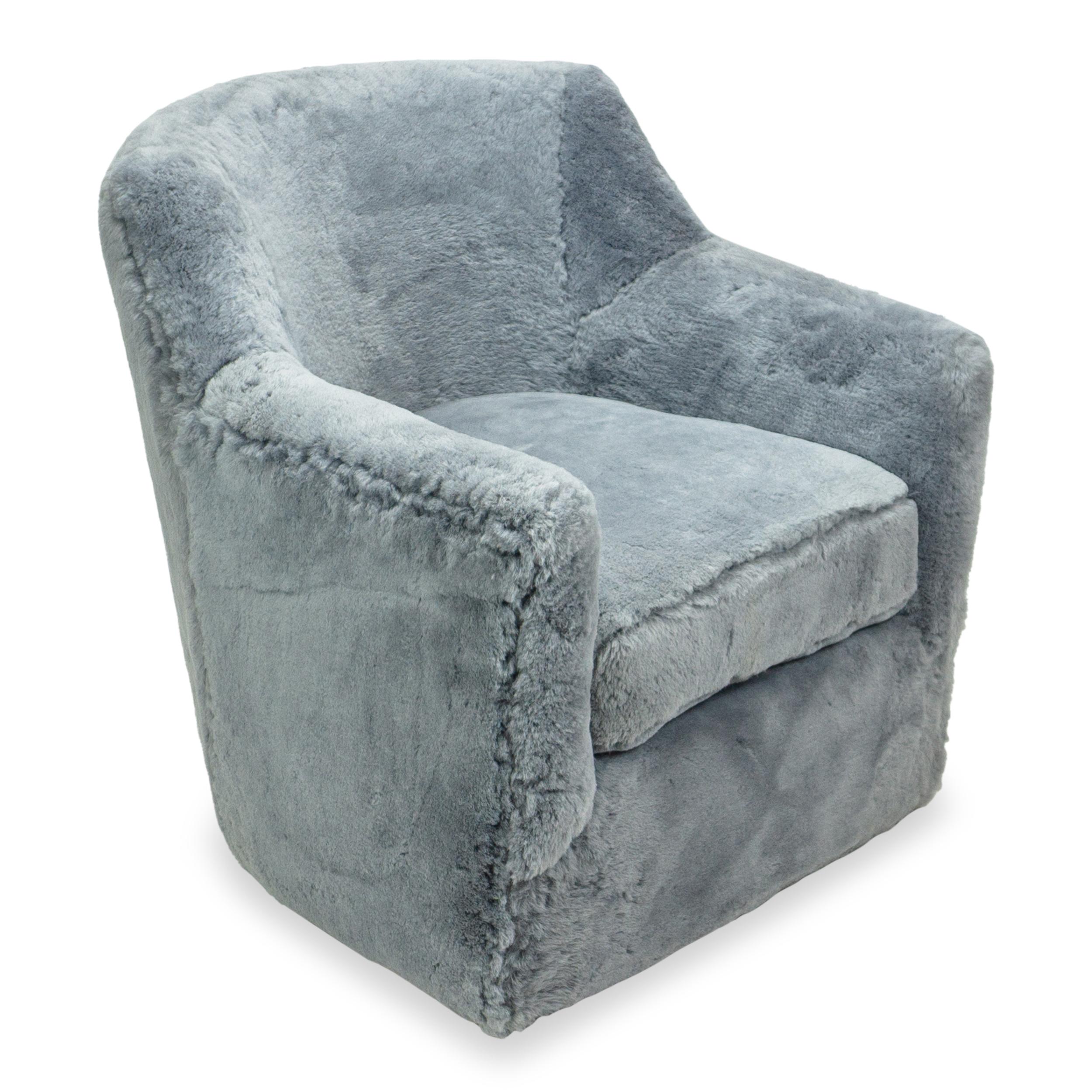 Modern Contemporary Swivel Chair in Blue Gray Shearling For Sale