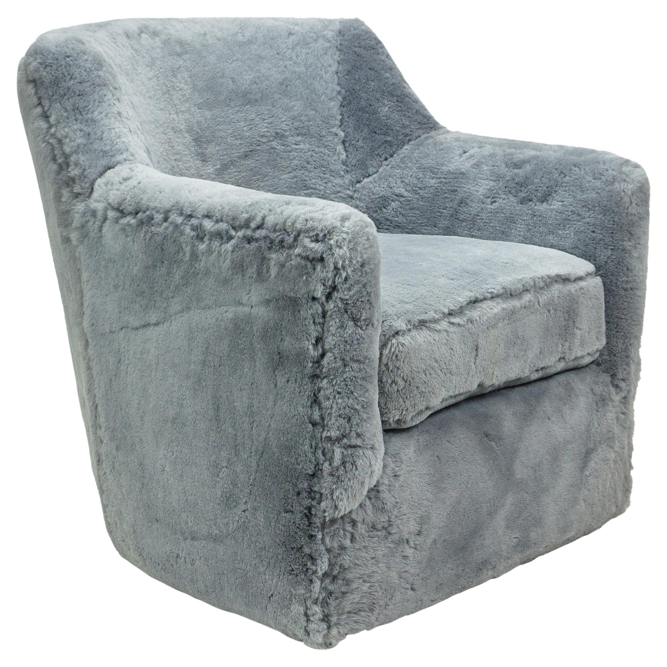 Contemporary Swivel Chair in Blue Gray Shearling For Sale